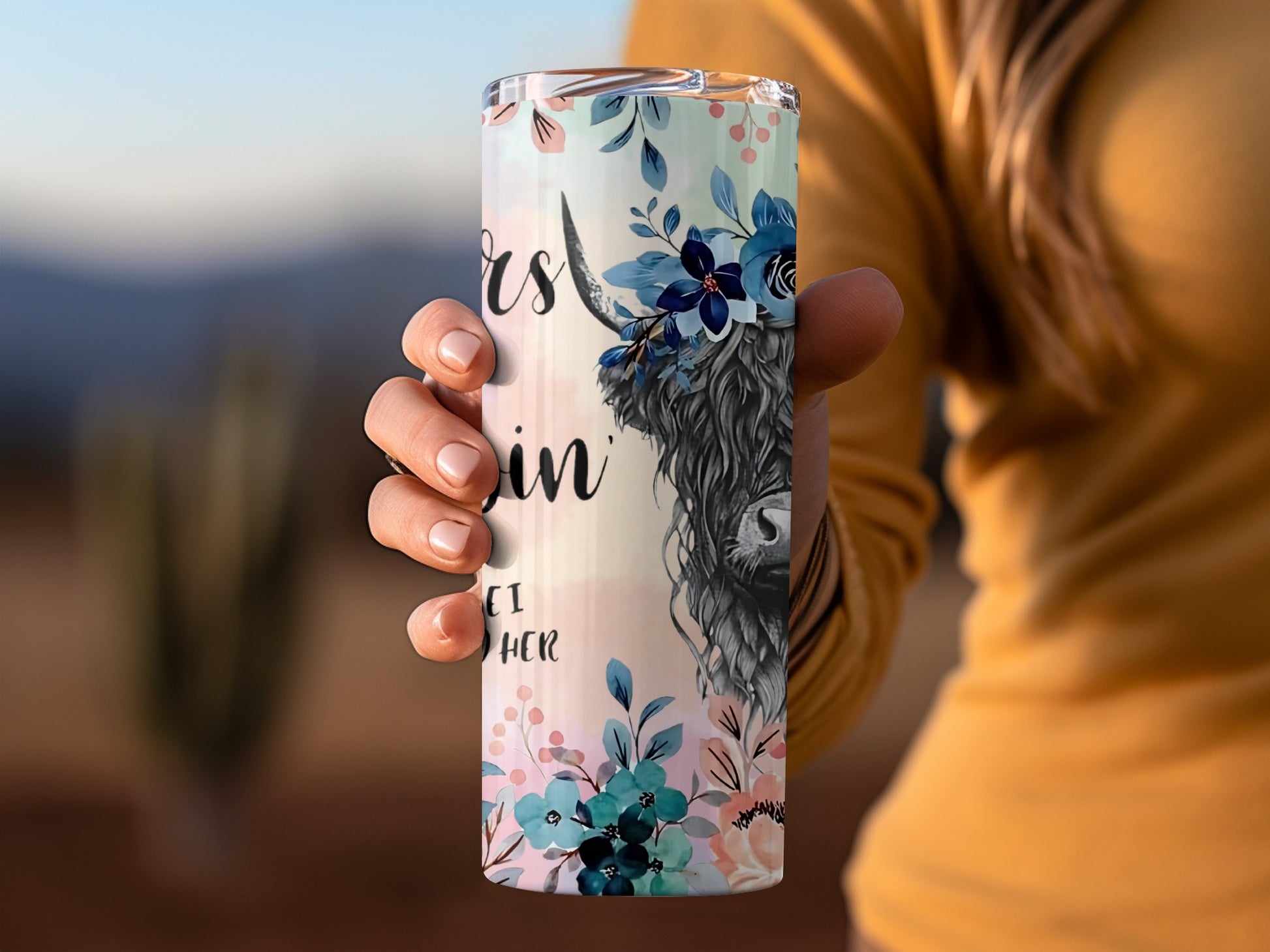 Floral Highland Cow Design Insulated Tumbler Cup