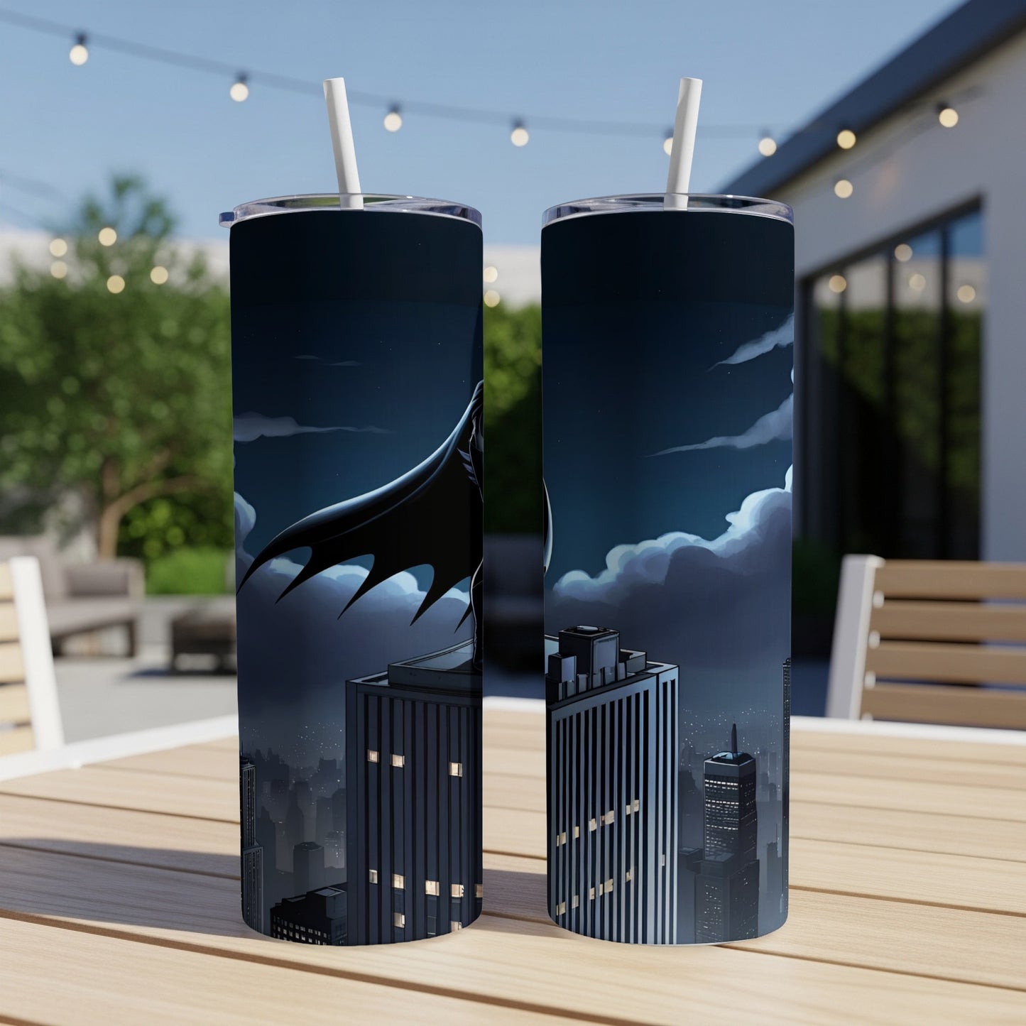 Batman silhouette against city skyline on double tumblers.