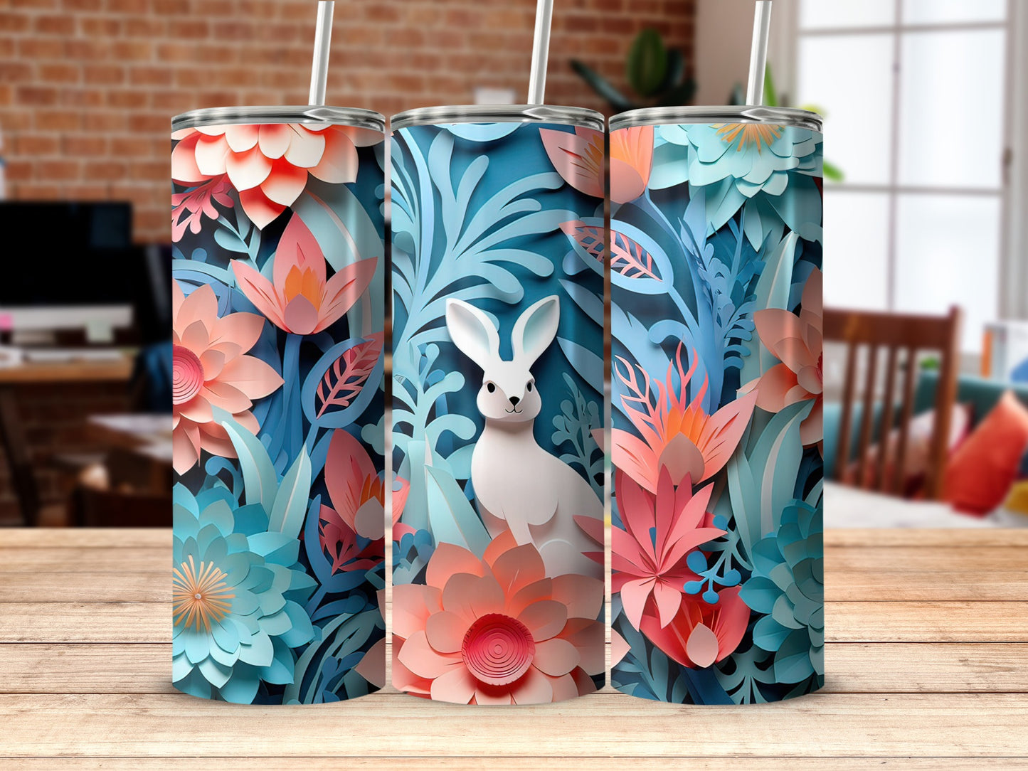Cute Rabbit with Colorful Floral Design Tumbler