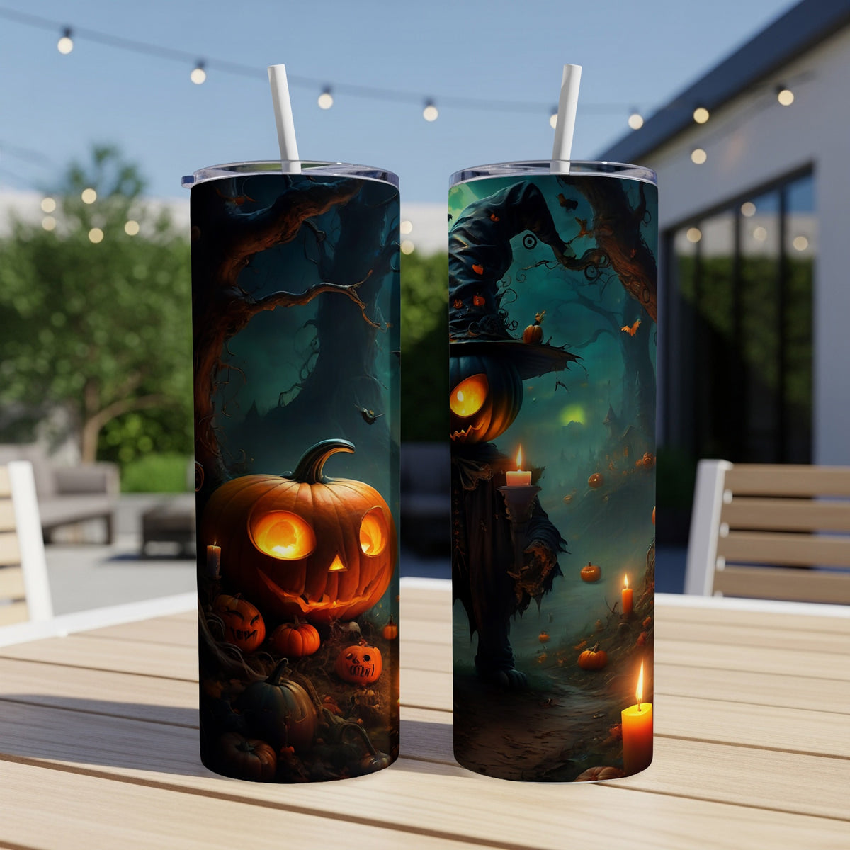 Two tumblers with spooky Halloween forest scenes featuring pumpkins and a scarecrow.