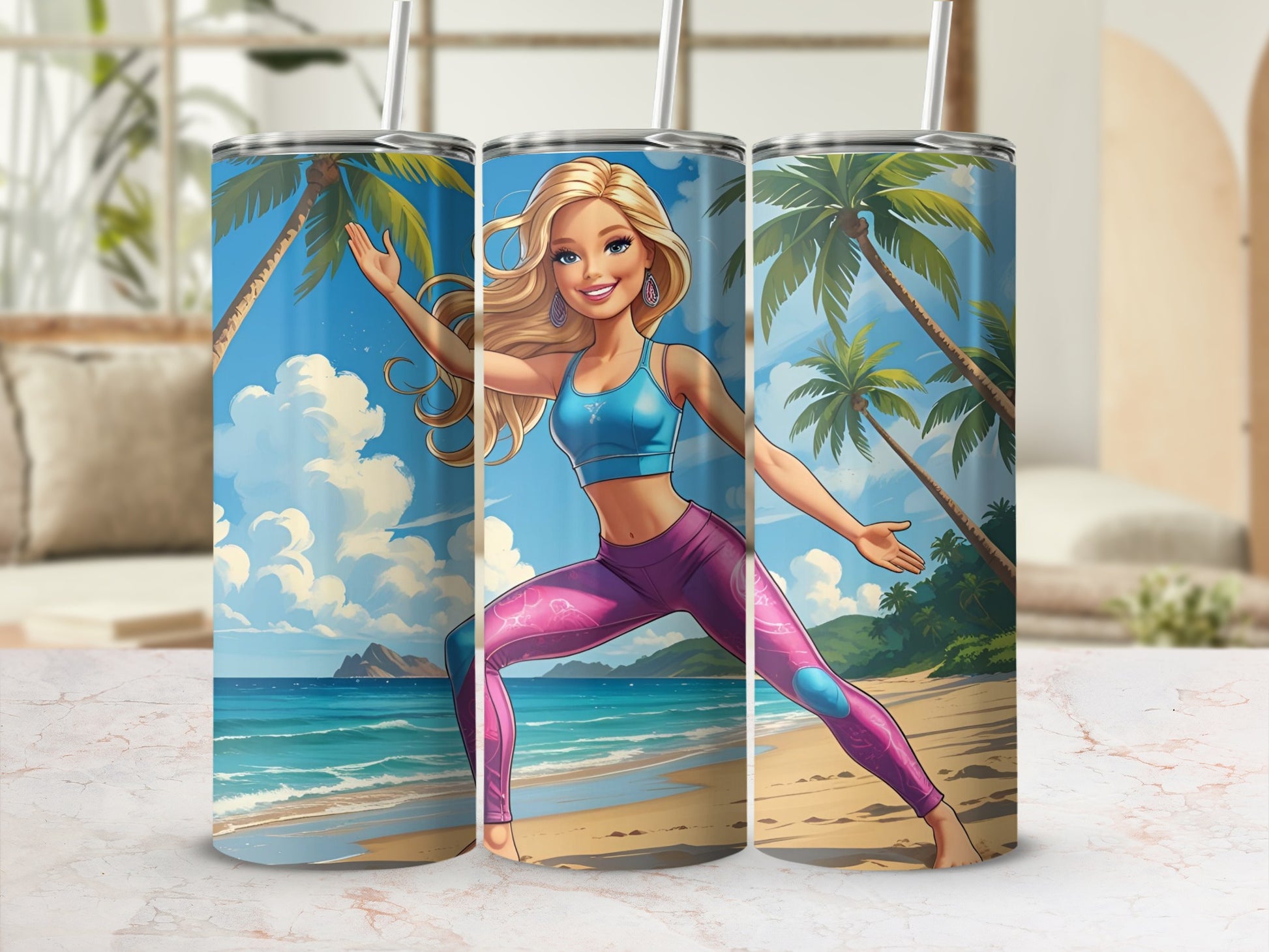 Barbie in workout gear on a beach with palm trees.