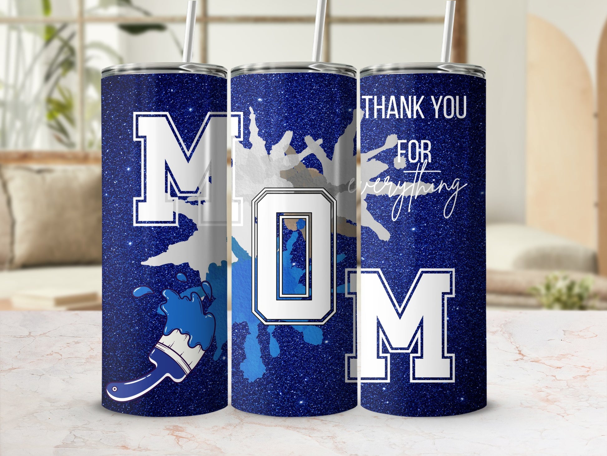 Mom Thank You for Everything Blue Glitter Tumbler