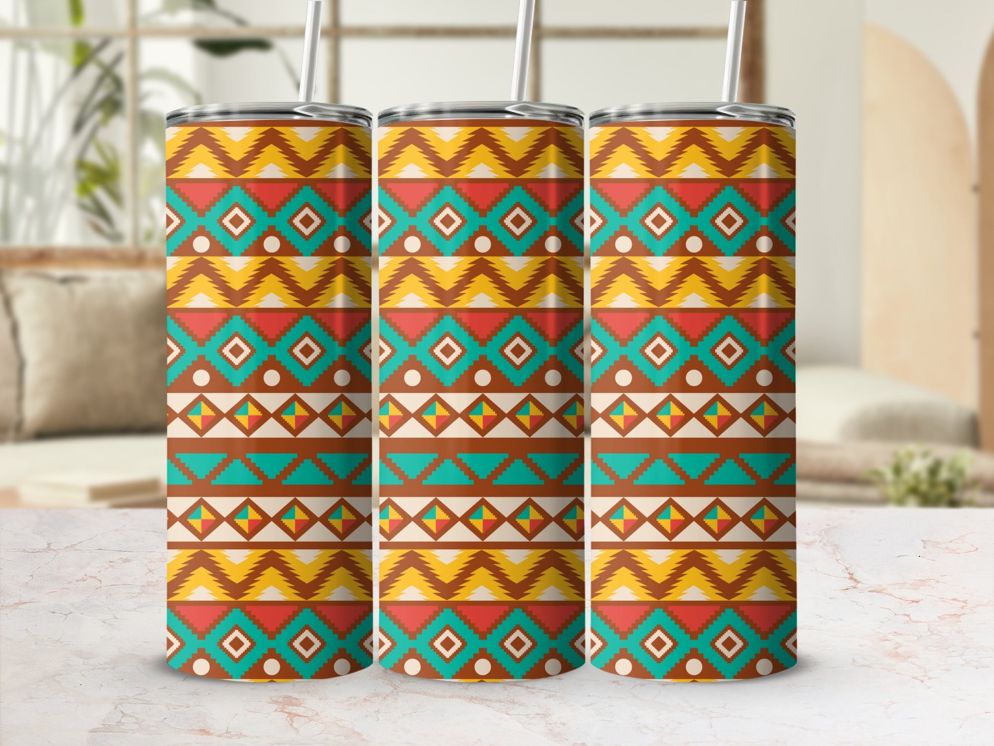 Aztec Pattern Insulated Tumbler with Straw Beverage Holder