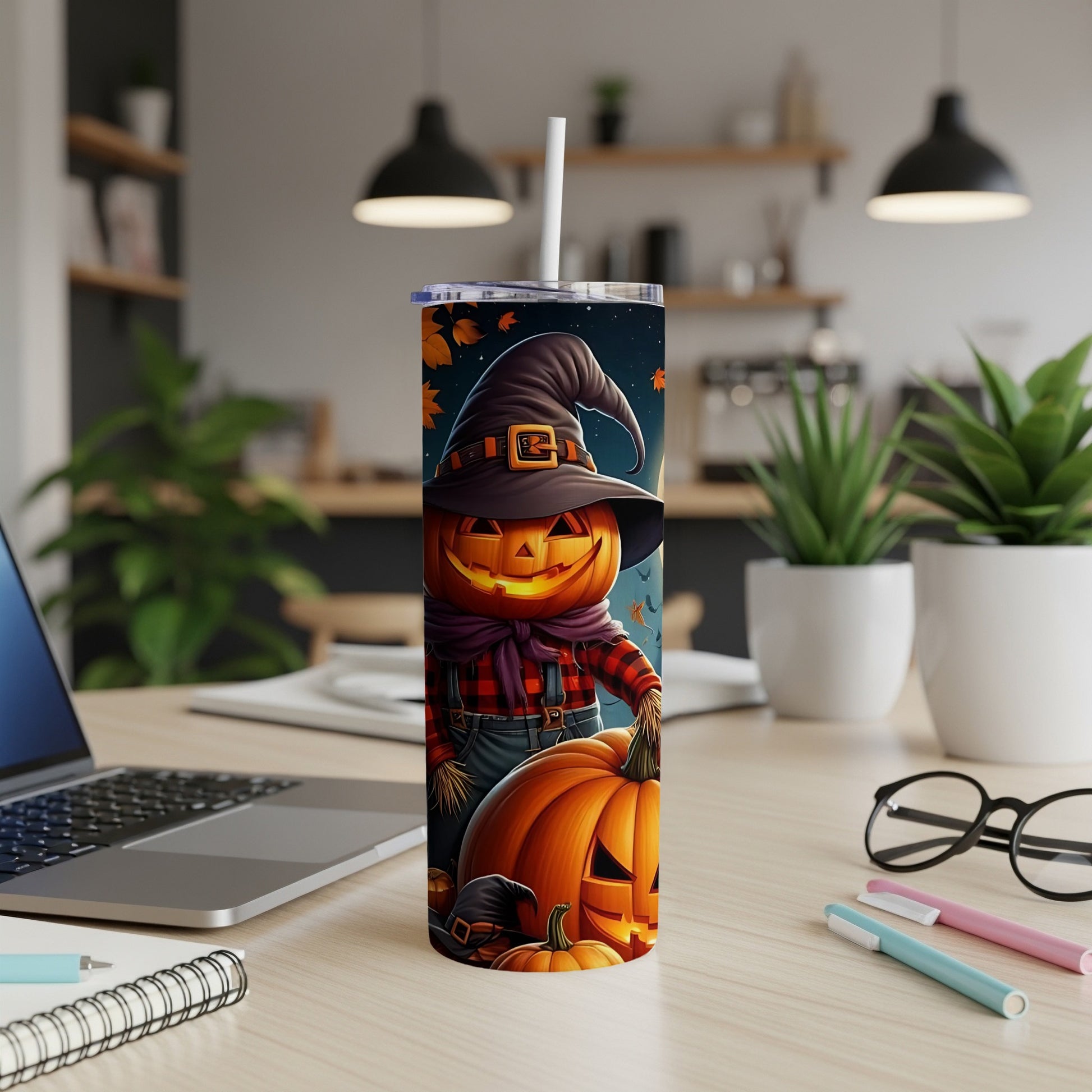 Halloween tumbler with a cartoon pumpkin scarecrow and pumpkins design.