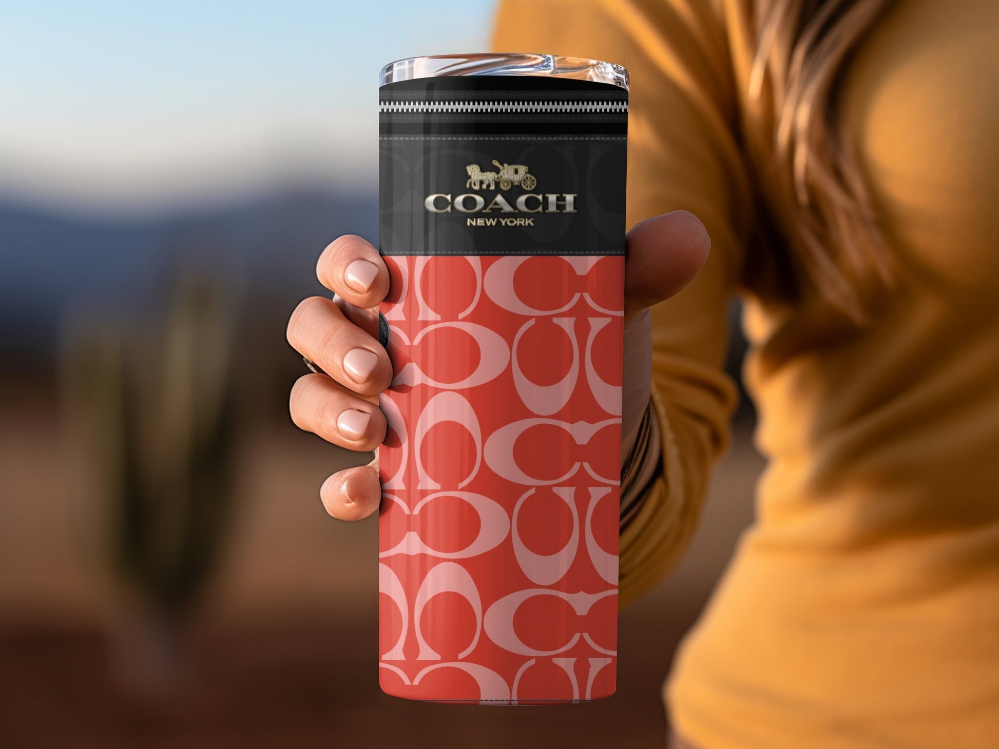Coach New York Insulated Tumbler with Red Pattern Design