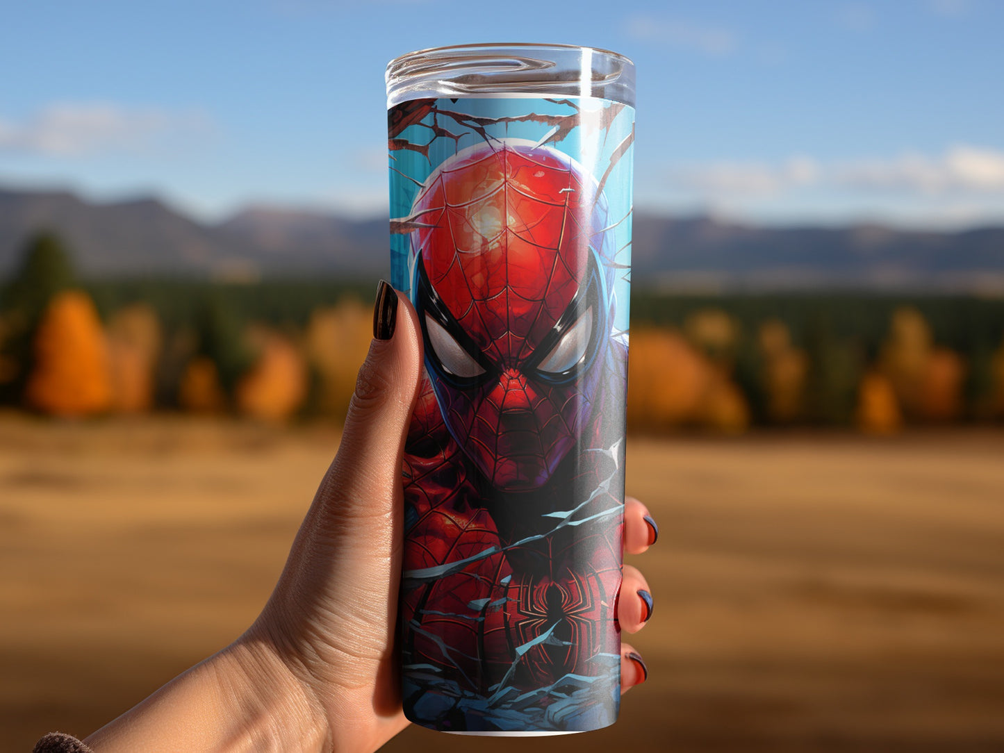 Spider Themed 20 oz Tumbler with Woodland Background Scene