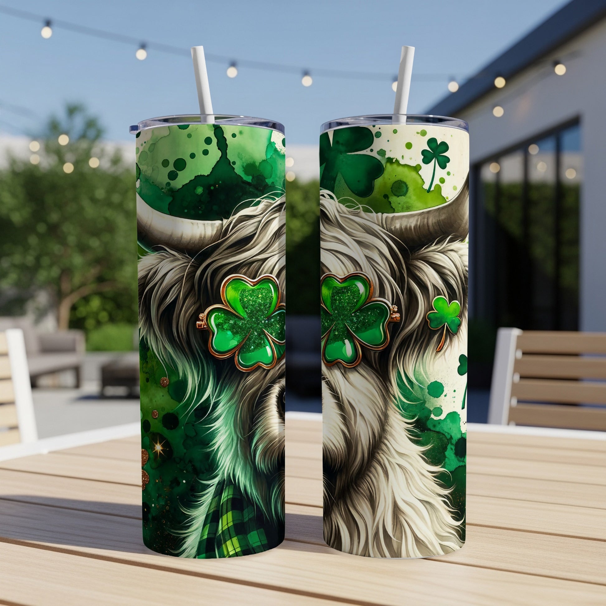Two St. Patrick's Day themed tumblers with cow and shamrock designs.