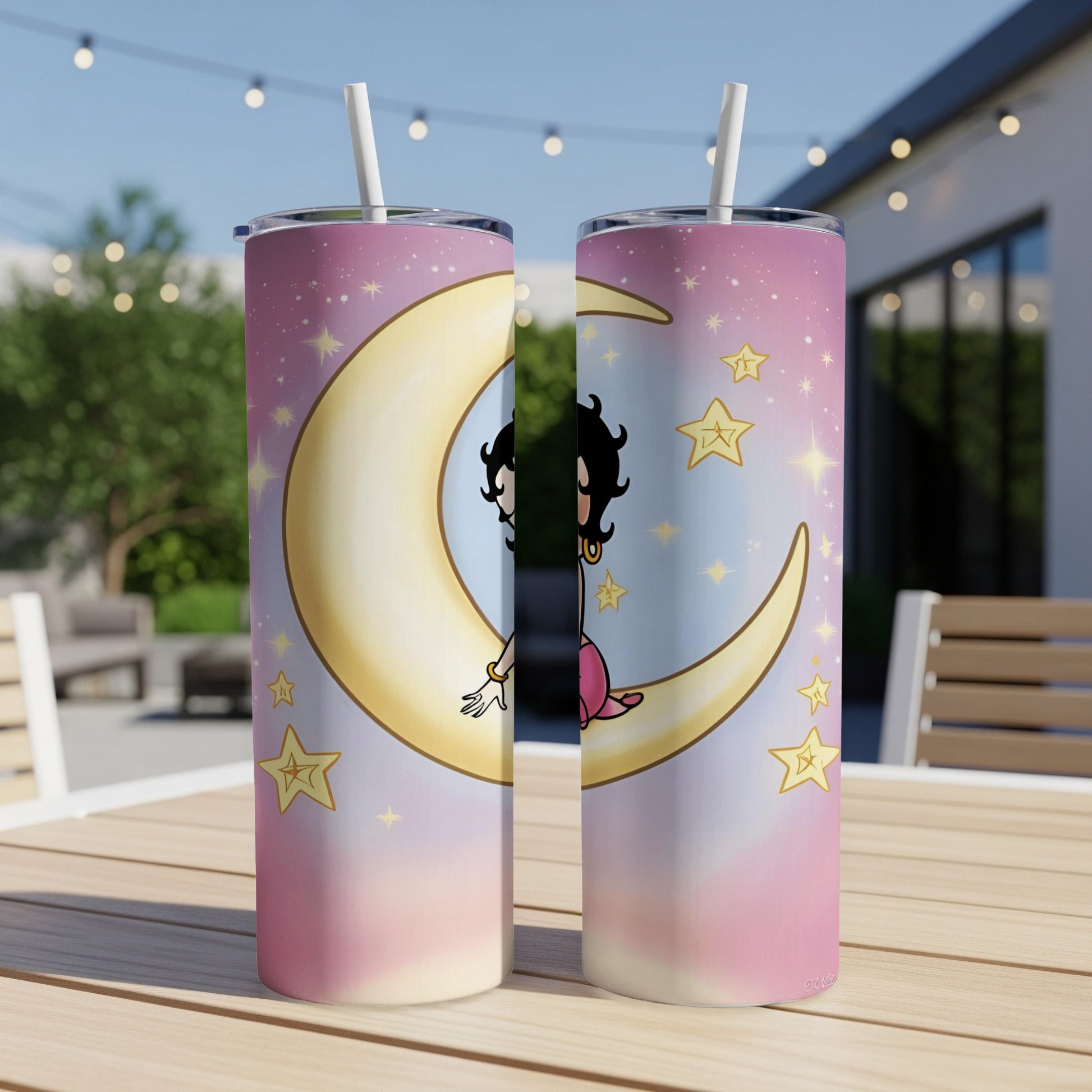 Betty Boop sitting on a crescent moon with stars, on a pink gradient tumbler.