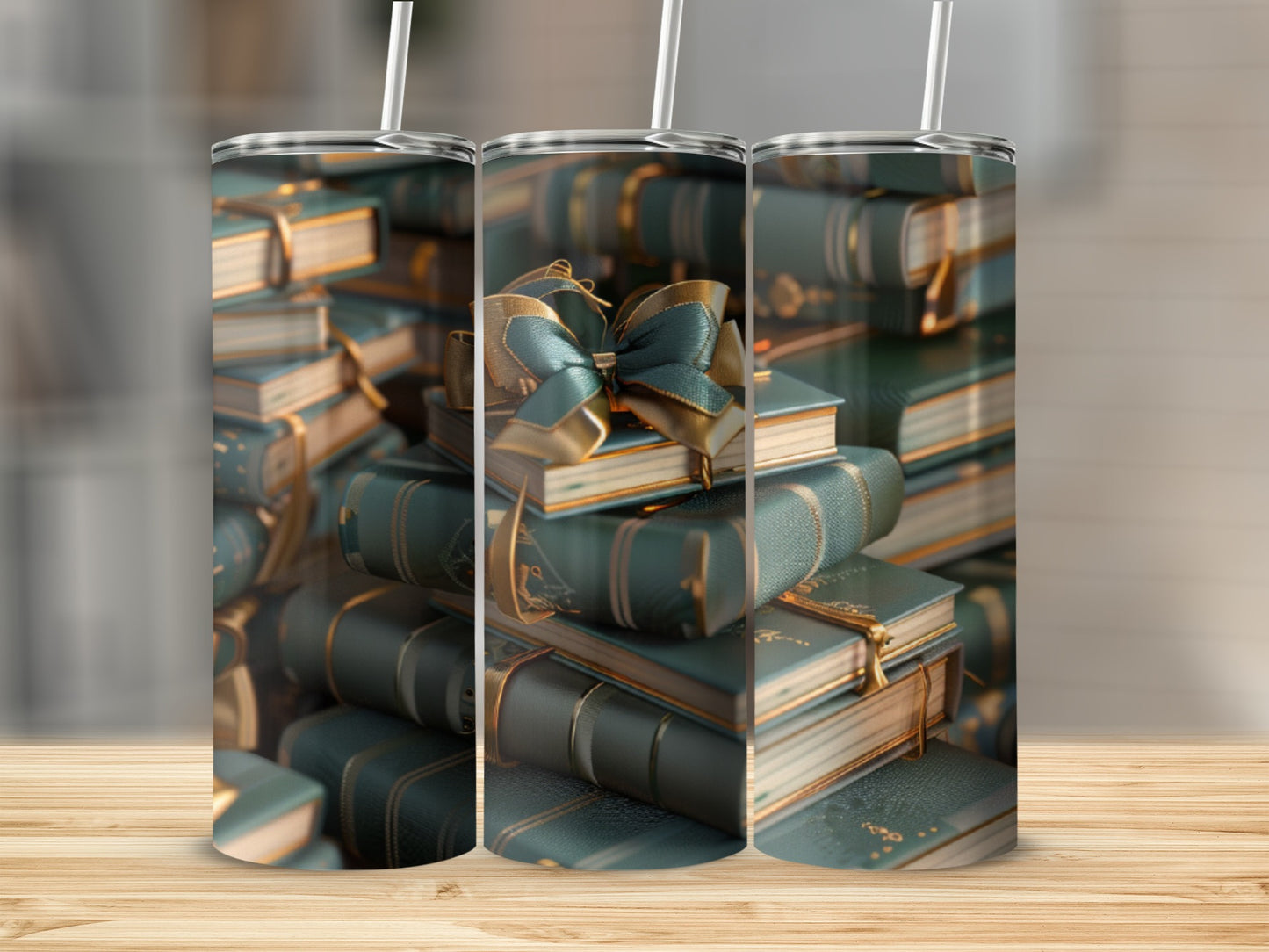 Stack of teal books tied with a gold ribbon, on a wooden surface.