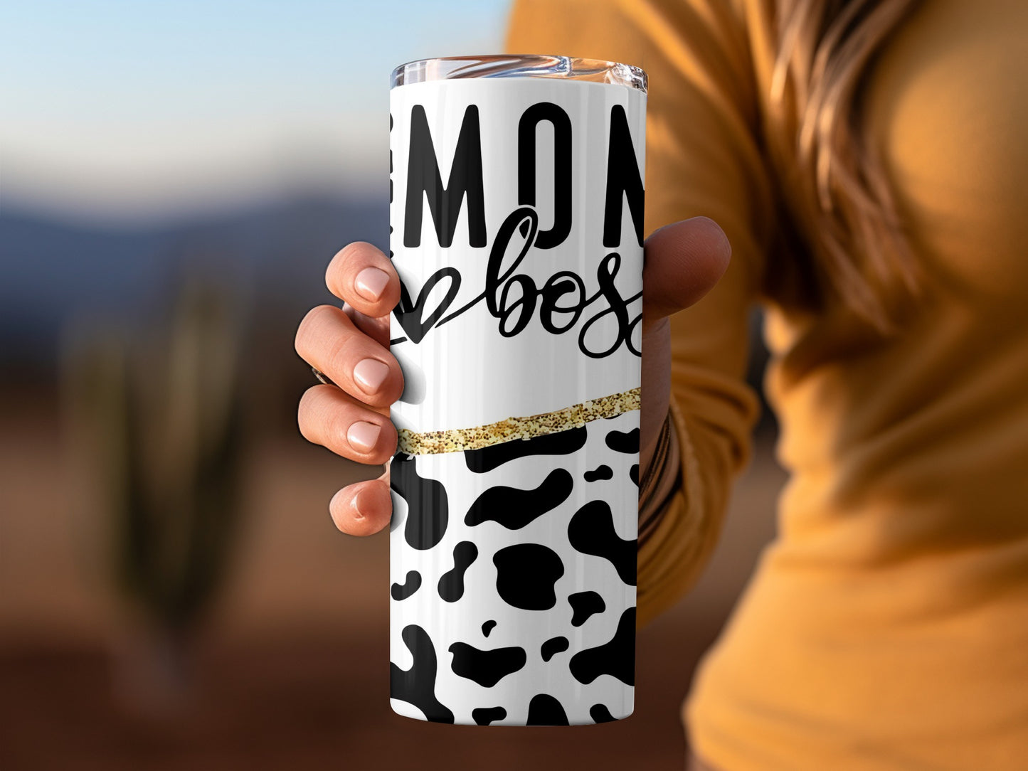 Mom Boss Black and White Cow Print Tumbler