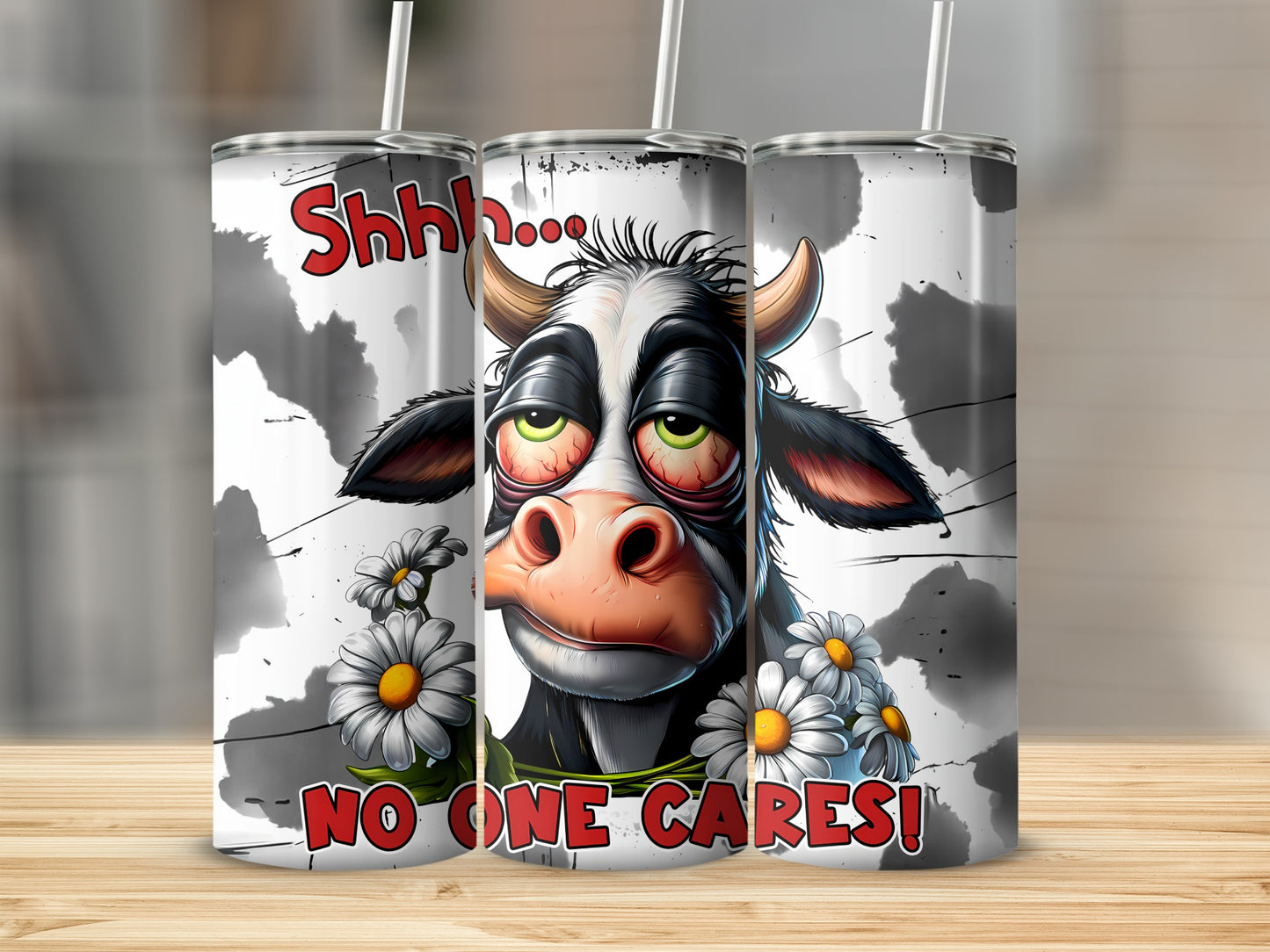 Tired cow with daisies and text "Shh... No One Cares!".