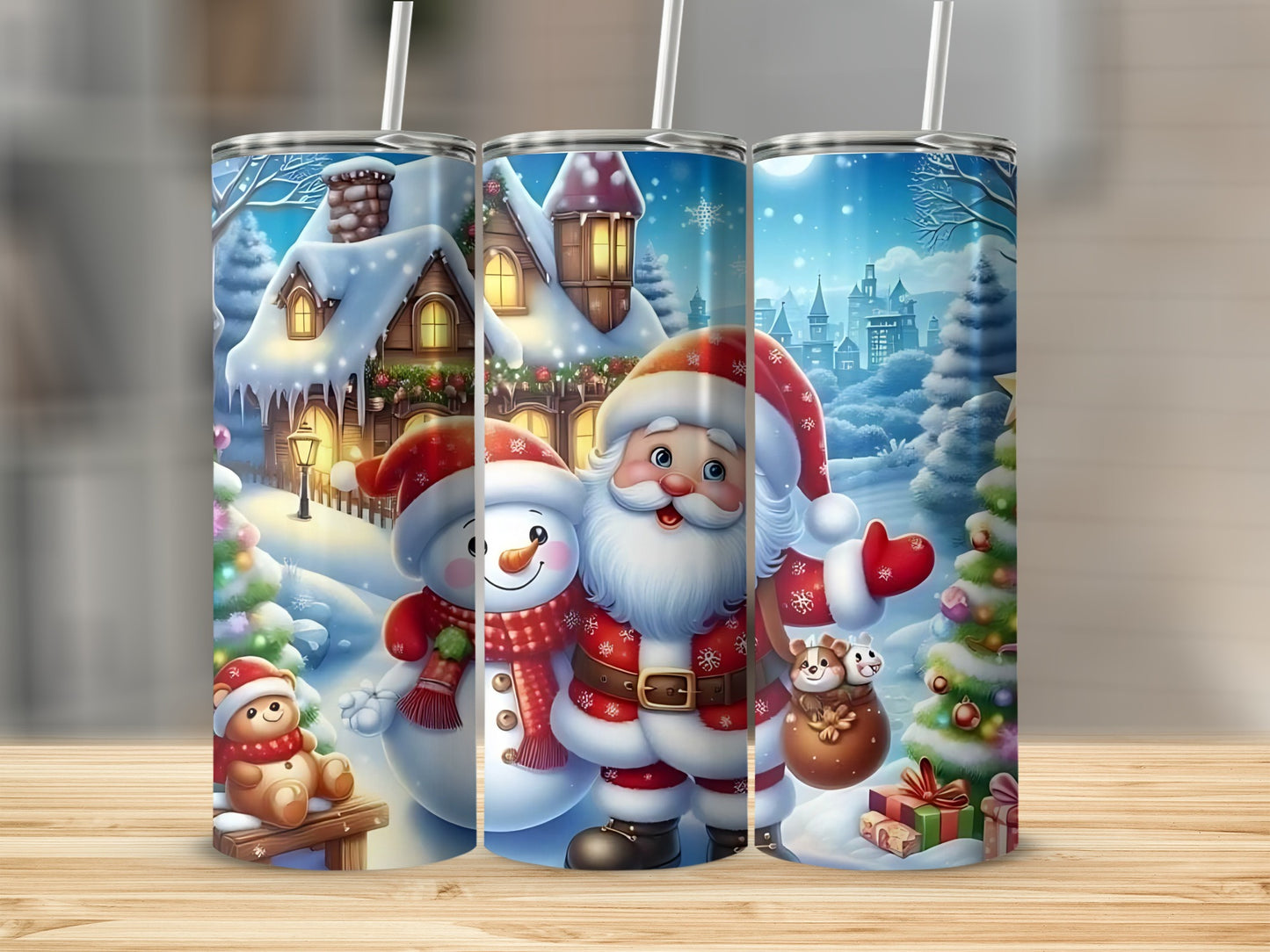 Christmas Santa and Snowman Holiday Scene Tumbler