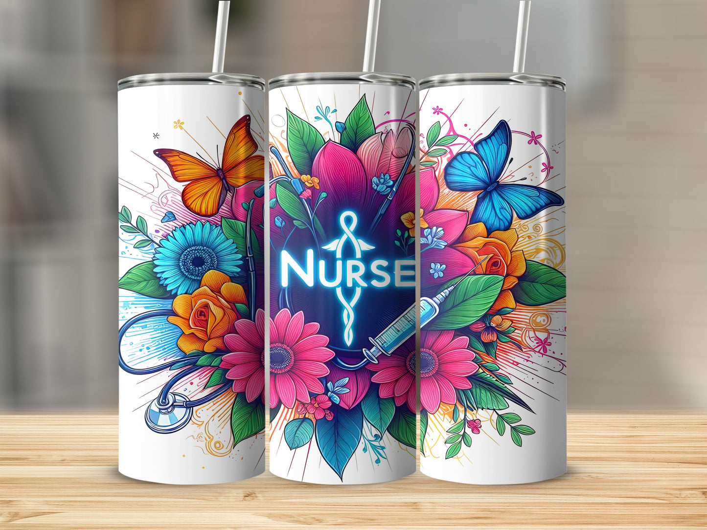 Nurse tumbler with colorful flowers, butterflies, and stethoscope.