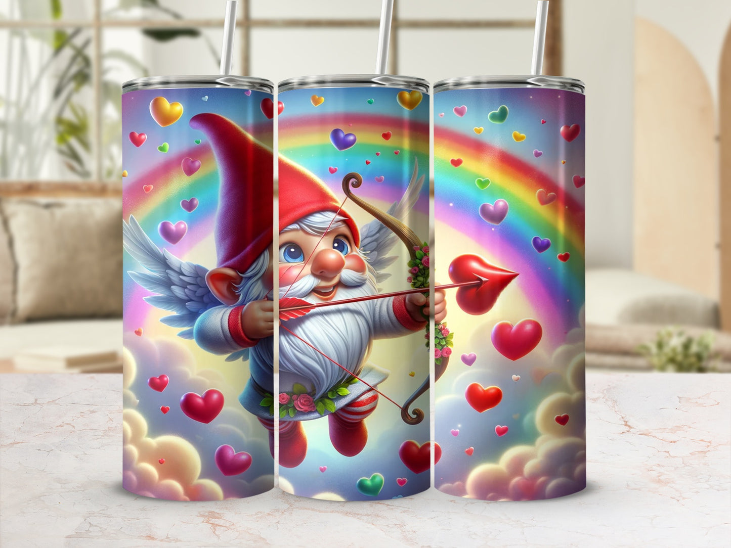 Cupid Gnome with Rainbow and Heart Design Tumbler