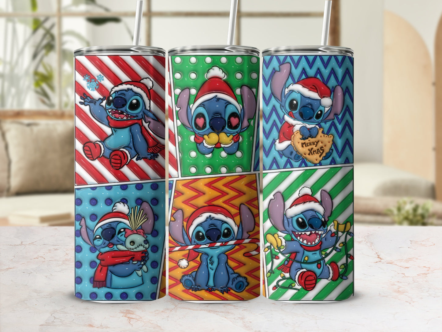 Christmas Themed Tumblers with Cute Blue Character Designs