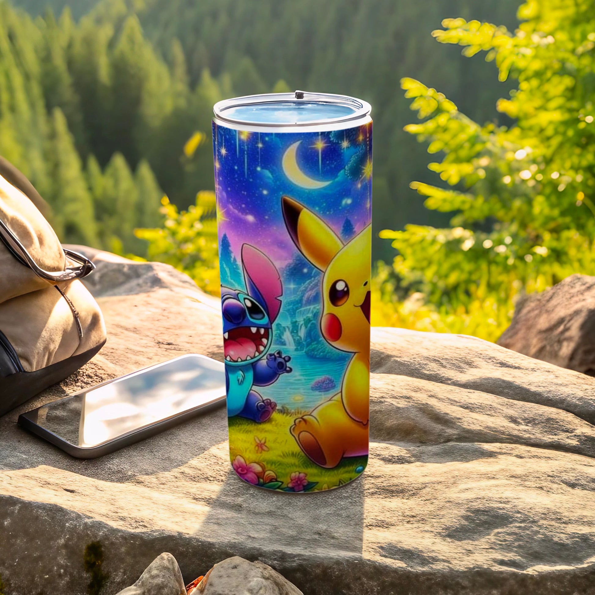 Cute Pikachu and Stitch Mountain Scene Tumbler