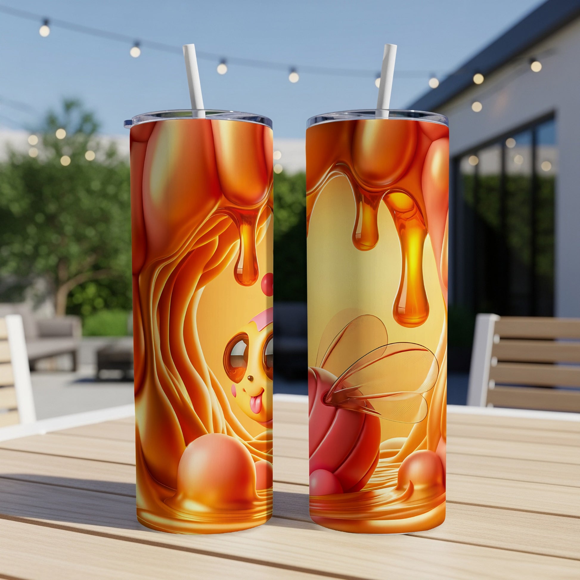 Two tumblers with cartoon bee and honey drip designs.