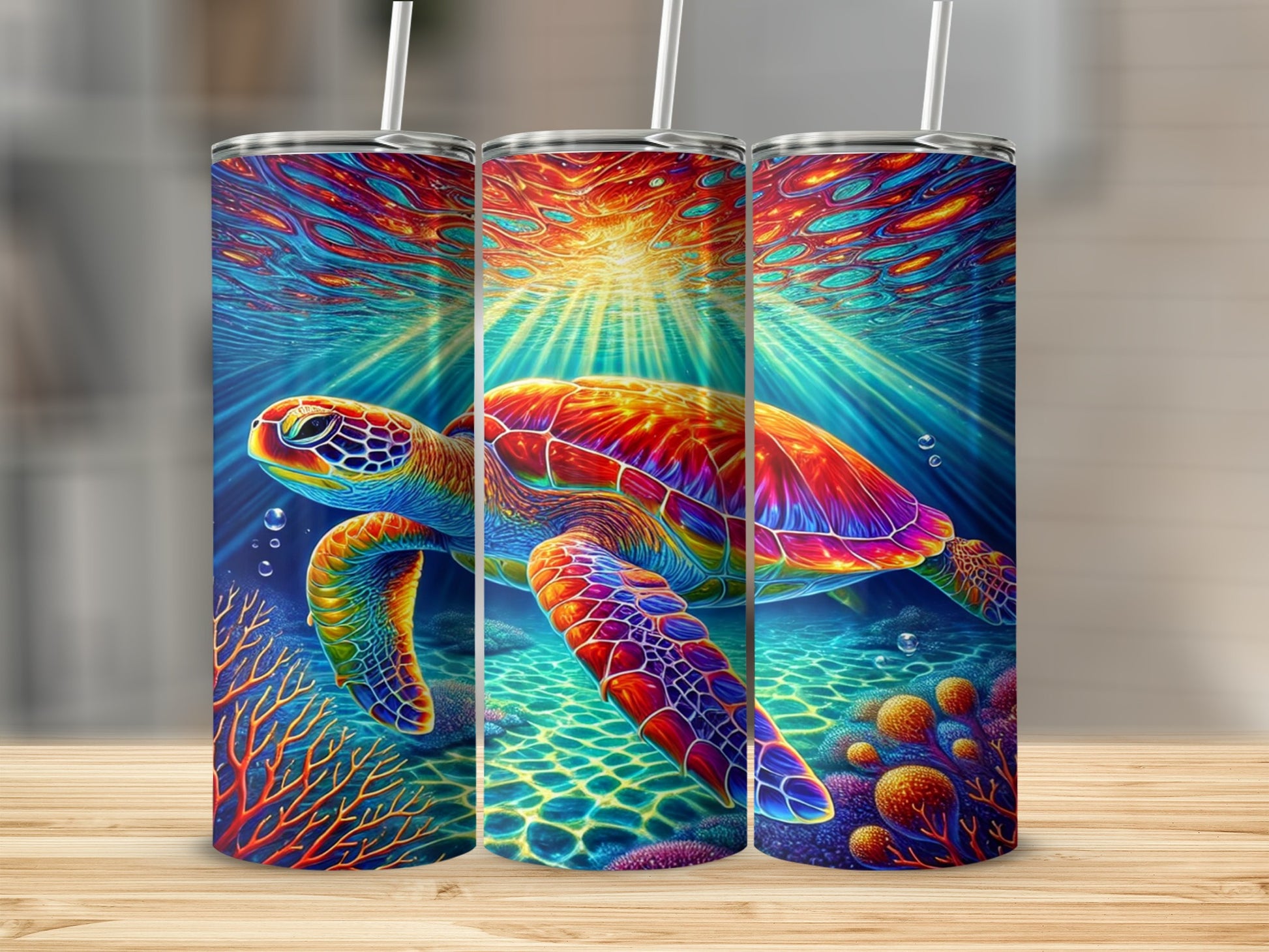Vibrant Sea Turtle and Coral Design Tumbler Cup
