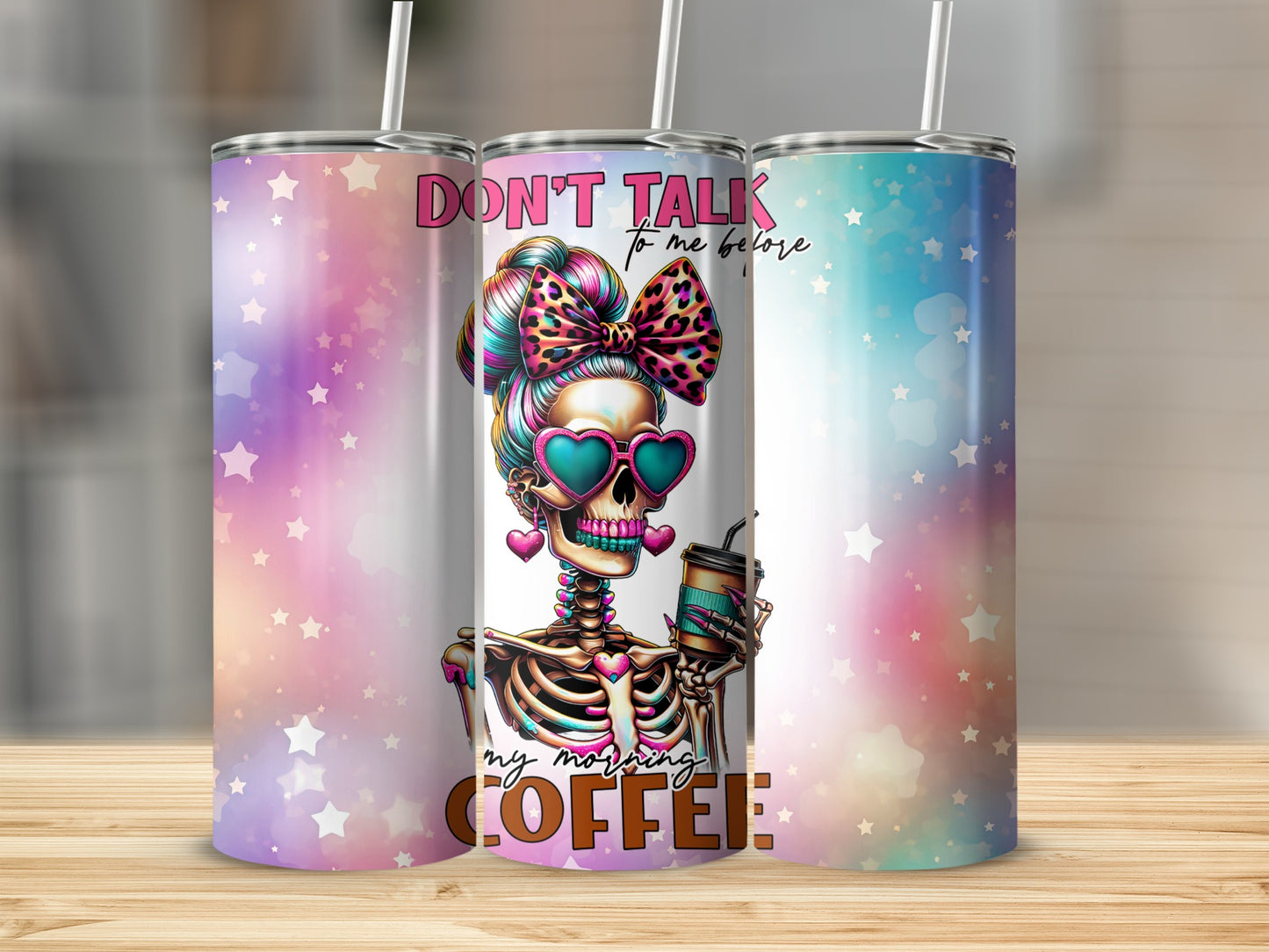 Skeleton in heart sunglasses holding coffee cup, "Don't talk to me before my morning coffee."