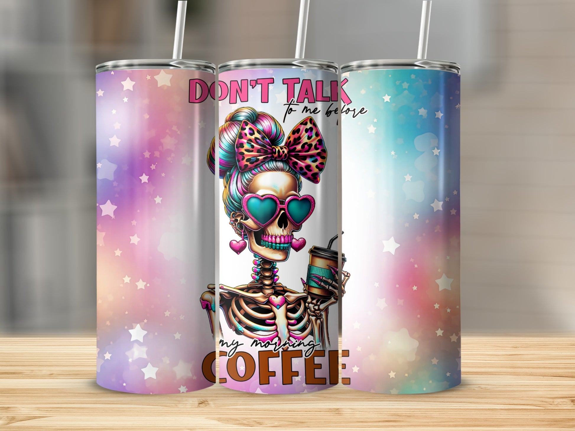 Skeleton in heart sunglasses holding coffee cup, "Don't talk to me before my morning coffee."