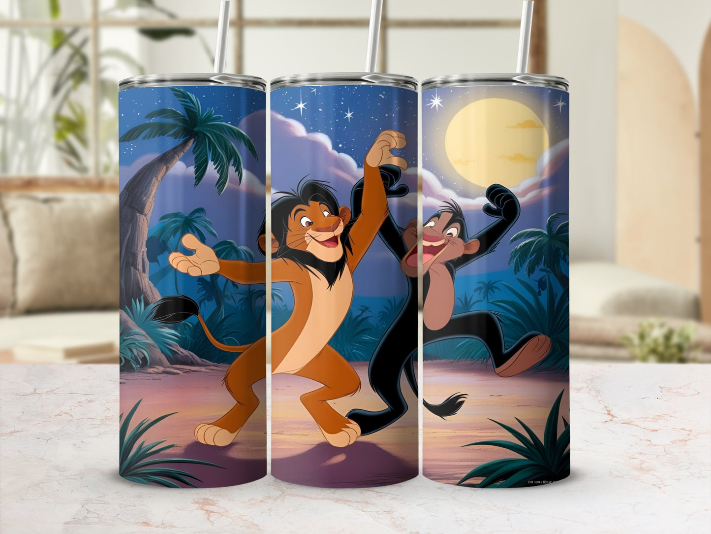 Simba and Timon dancing under a starry night sky and moon.