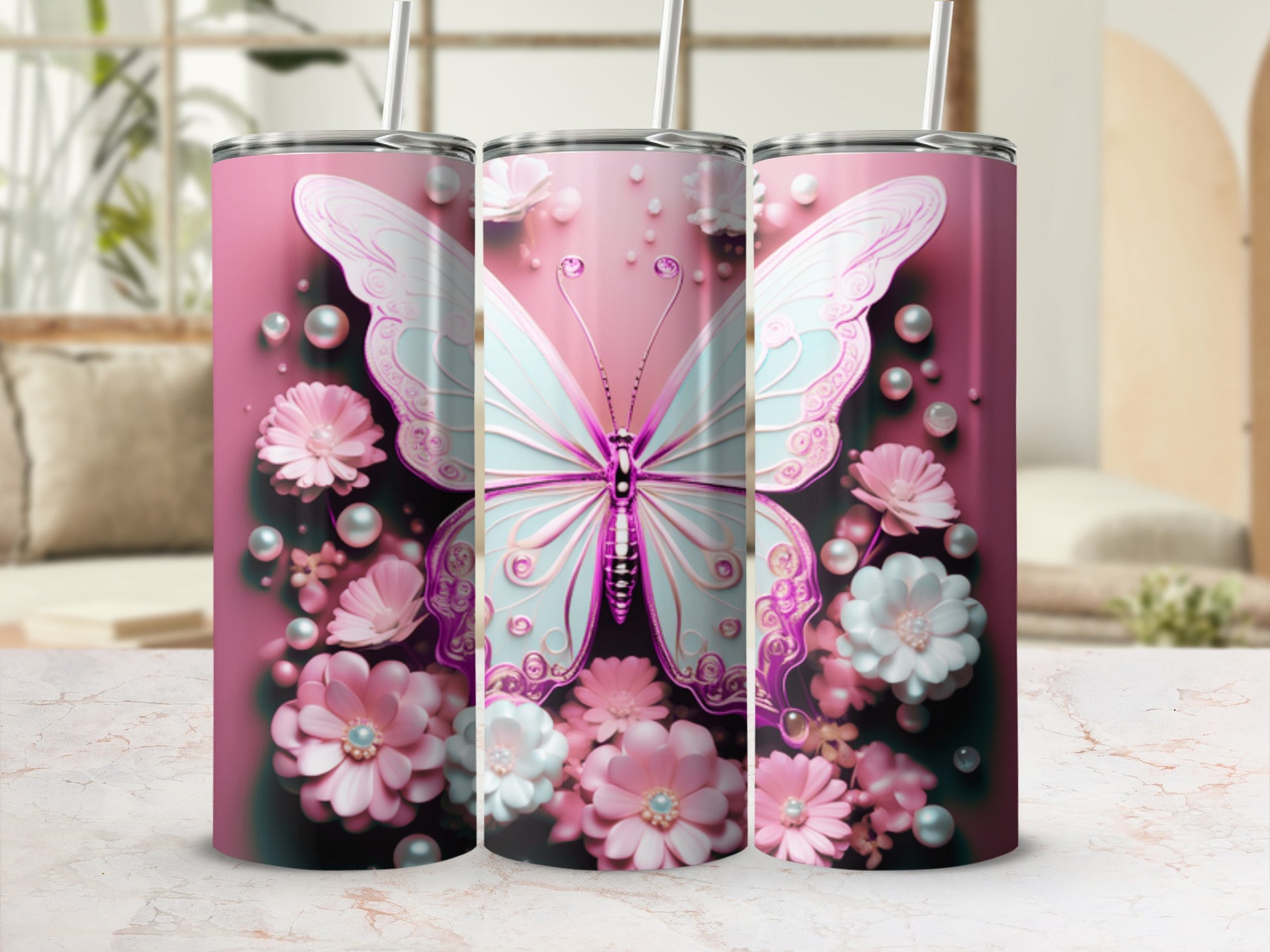Pink tumbler with a white butterfly and floral design.