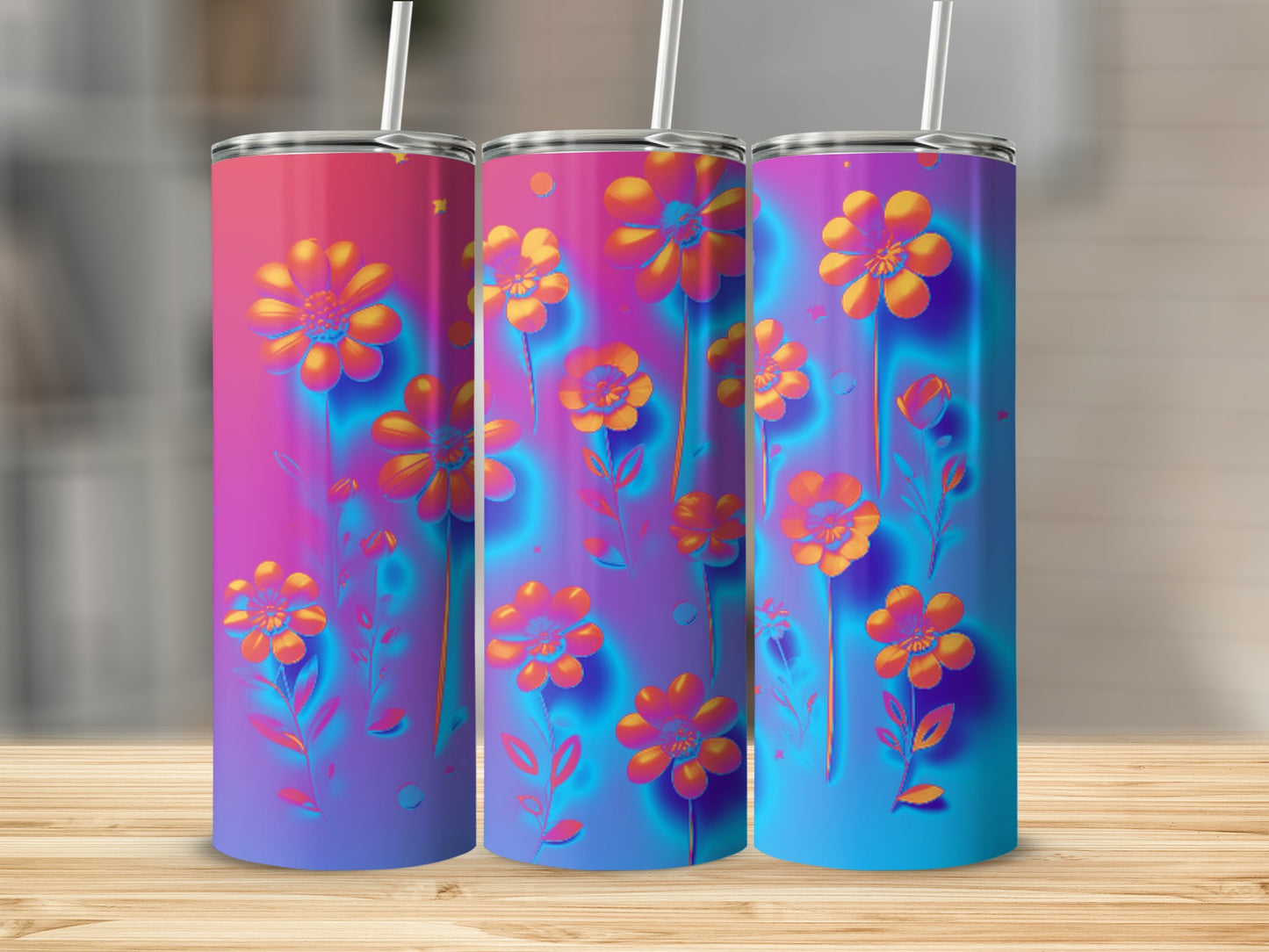 Three tumblers with neon floral designs in pink, purple, and blue.