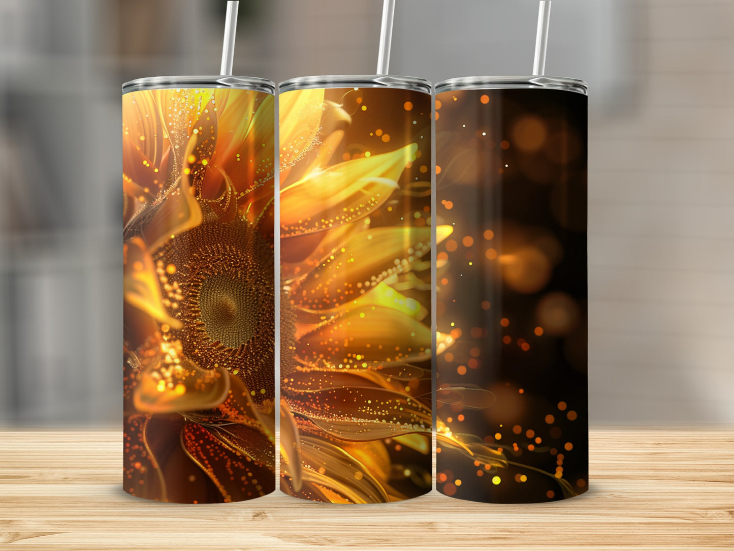 Three tumblers featuring a close-up sunflower design with golden bokeh.