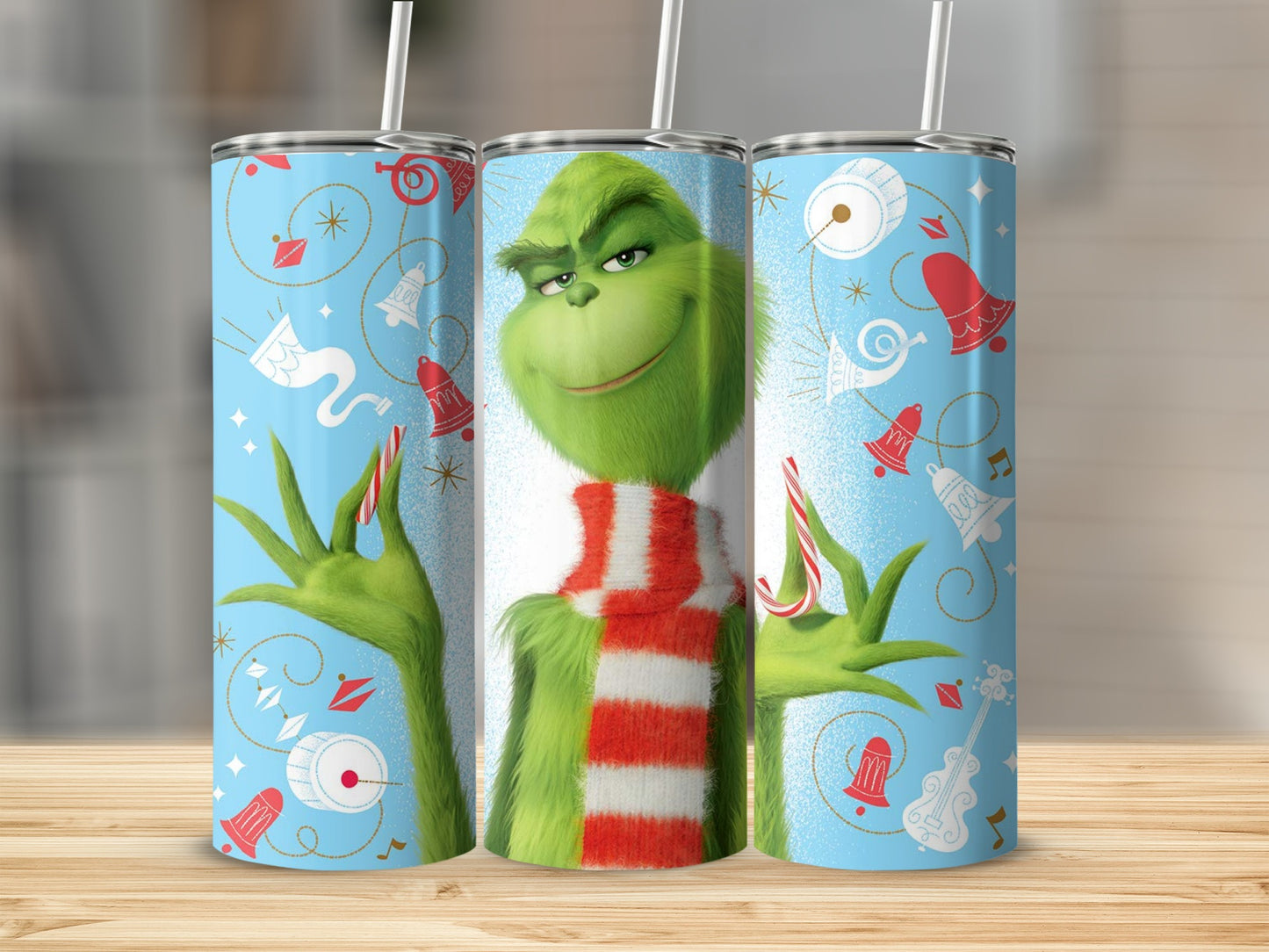 The Grinch with a candy cane, wearing a striped scarf, on a blue background with holiday decorations.