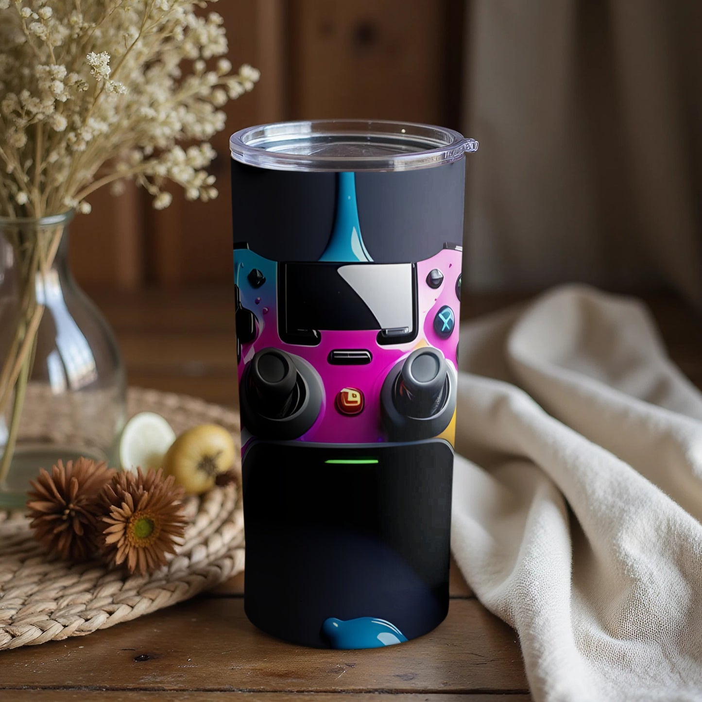 Vibrant Gaming Controller Artwork on Tumbler Cup