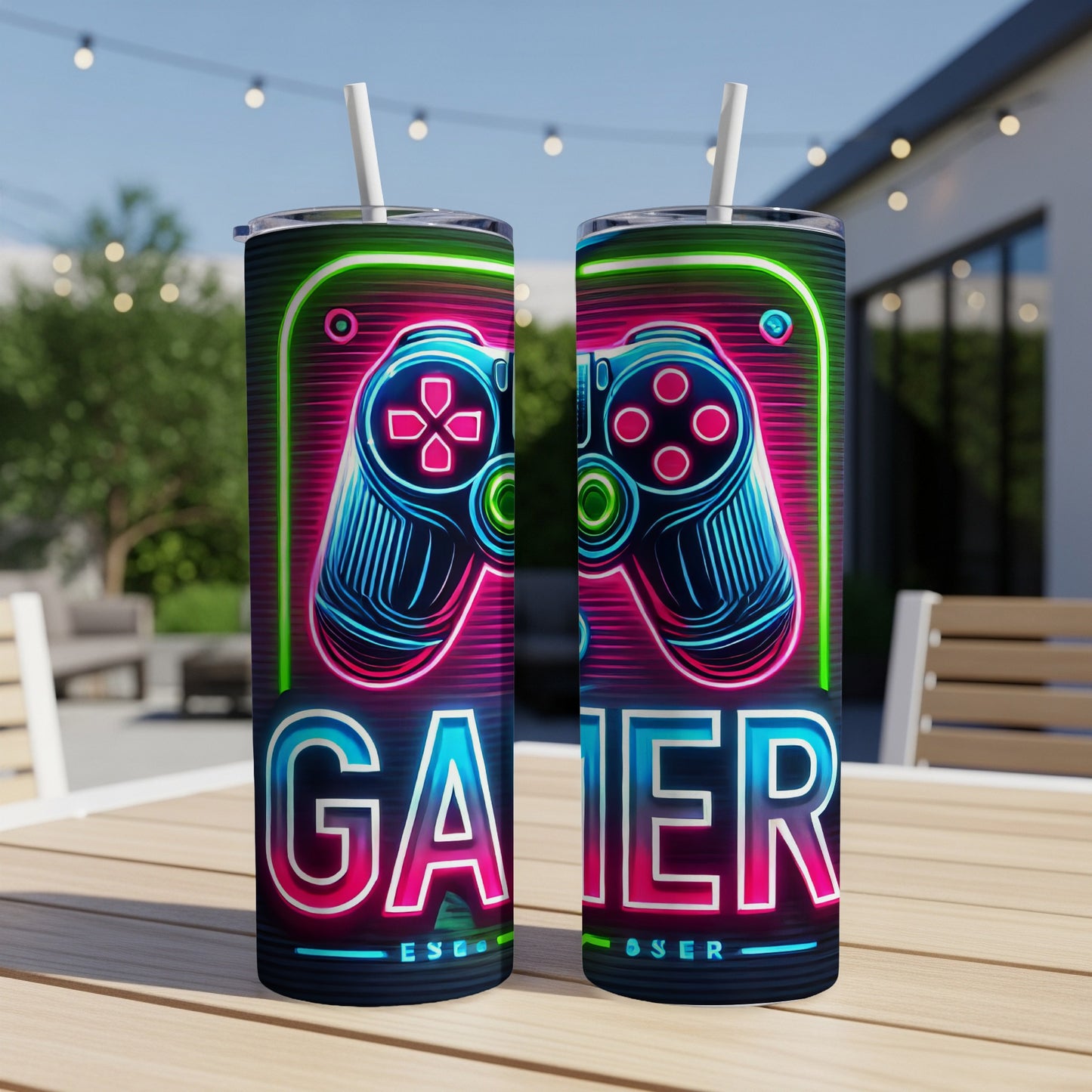Two neon gaming controller tumblers with "GAMER" text.