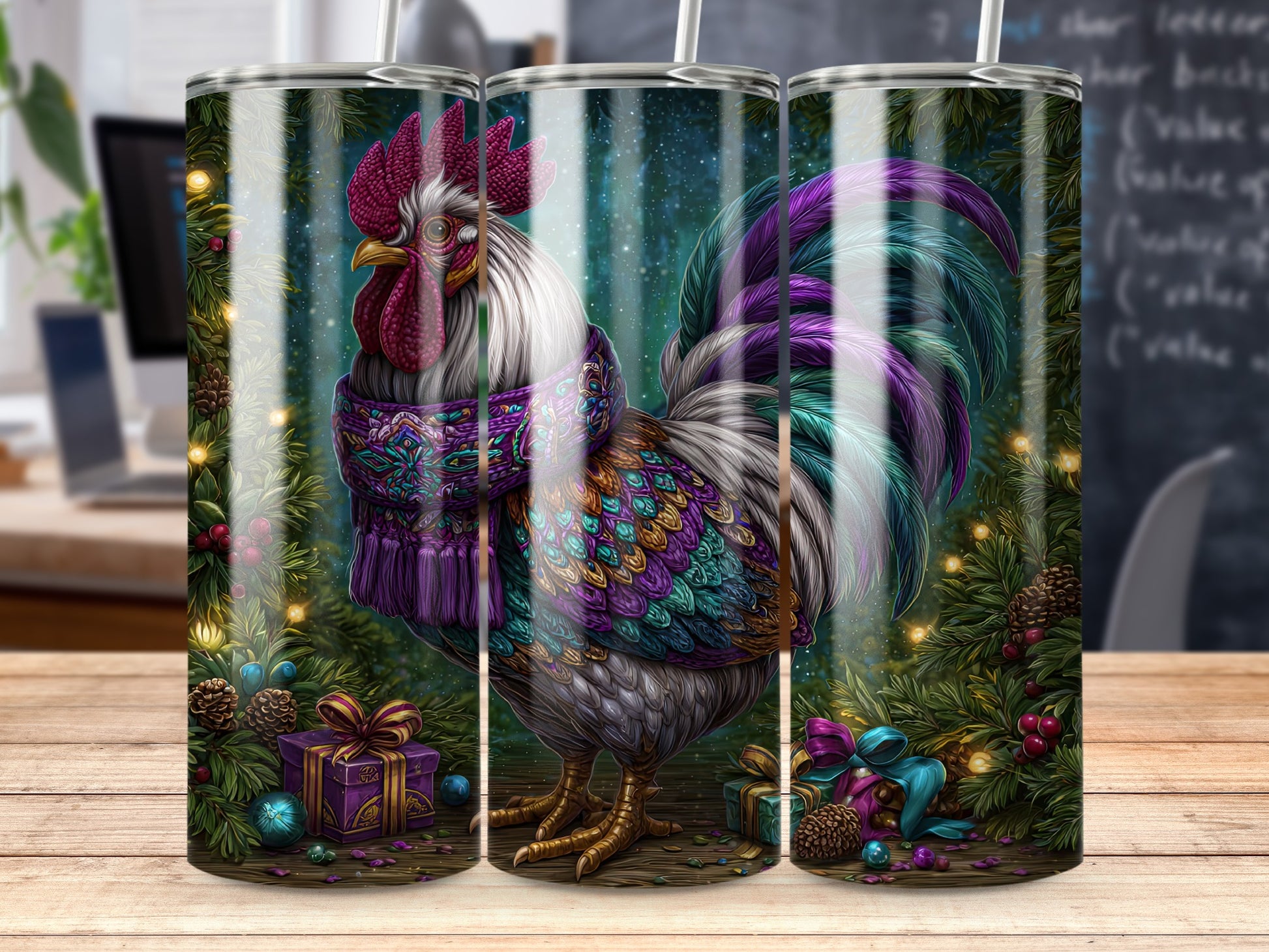 Festive Rooster in Christmas Scene Tumbler Design