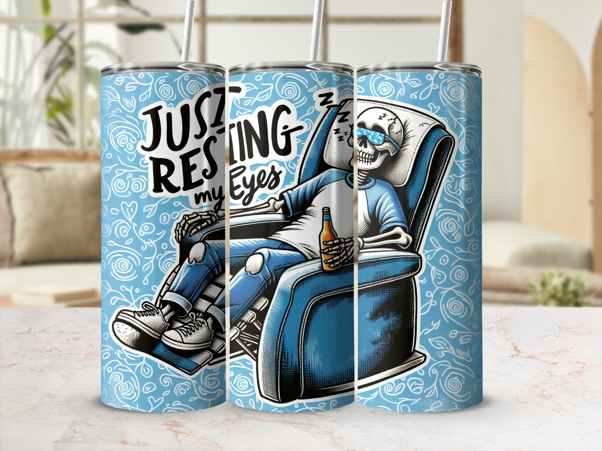 Skeleton resting in recliner with bottle, text "Just resting my eyes".