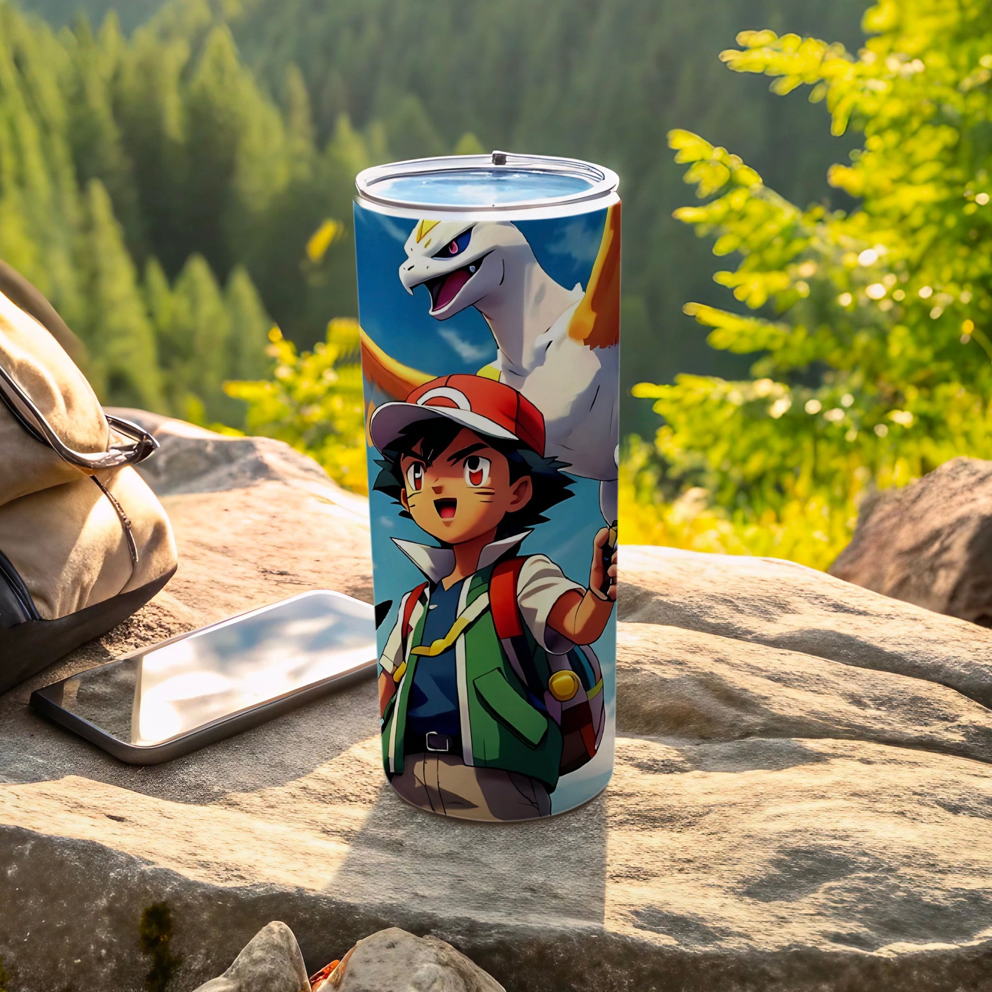Ash and Lugia Mountain Adventure Design Travel Tumbler