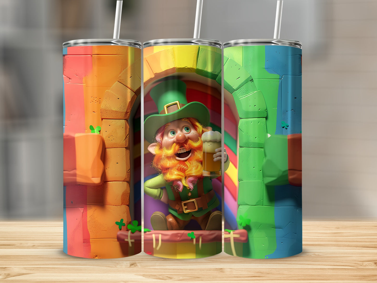 Leprechaun holding beer in rainbow archway on three tumblers.