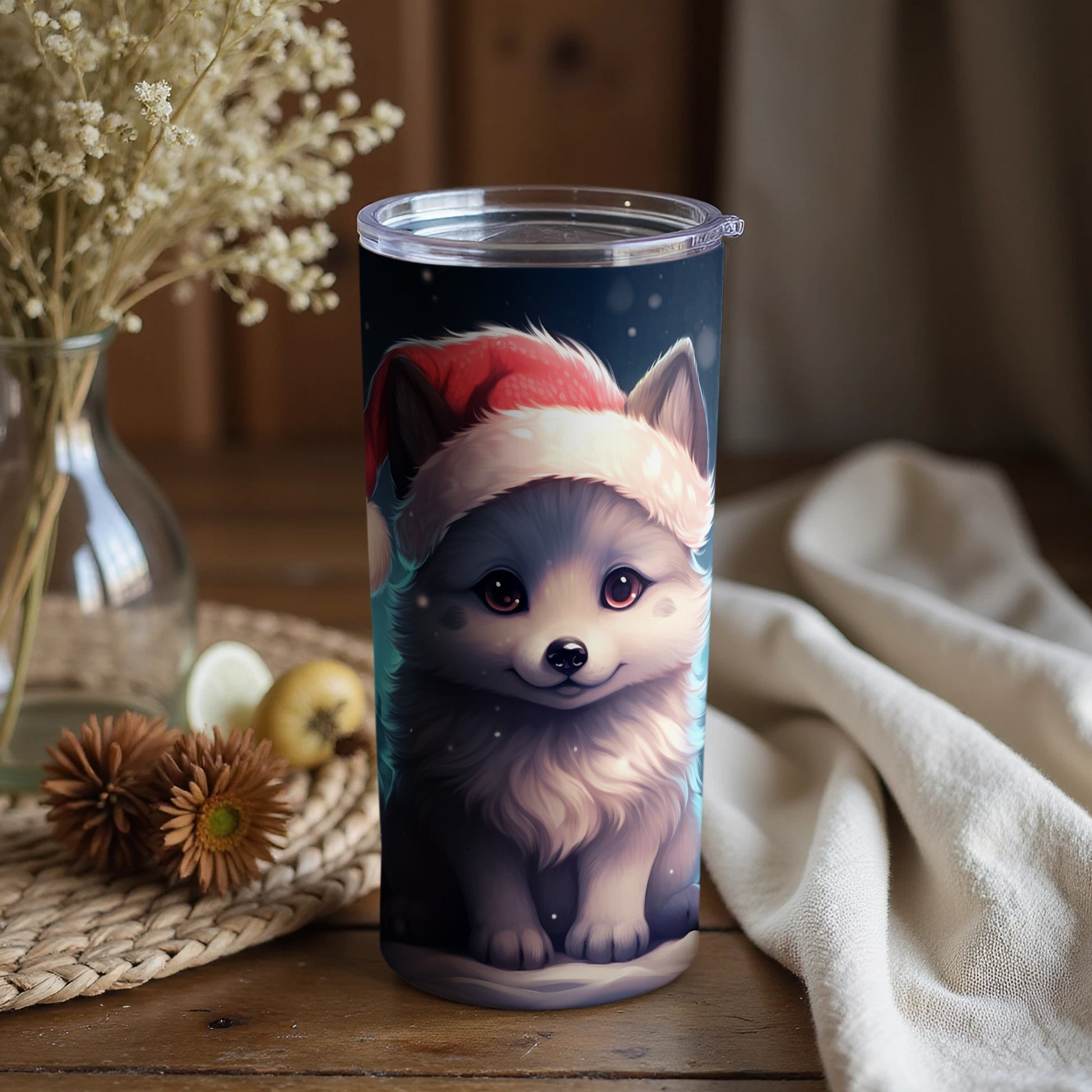 Cute Arctic Fox With Red Santa Hat Tumbler
