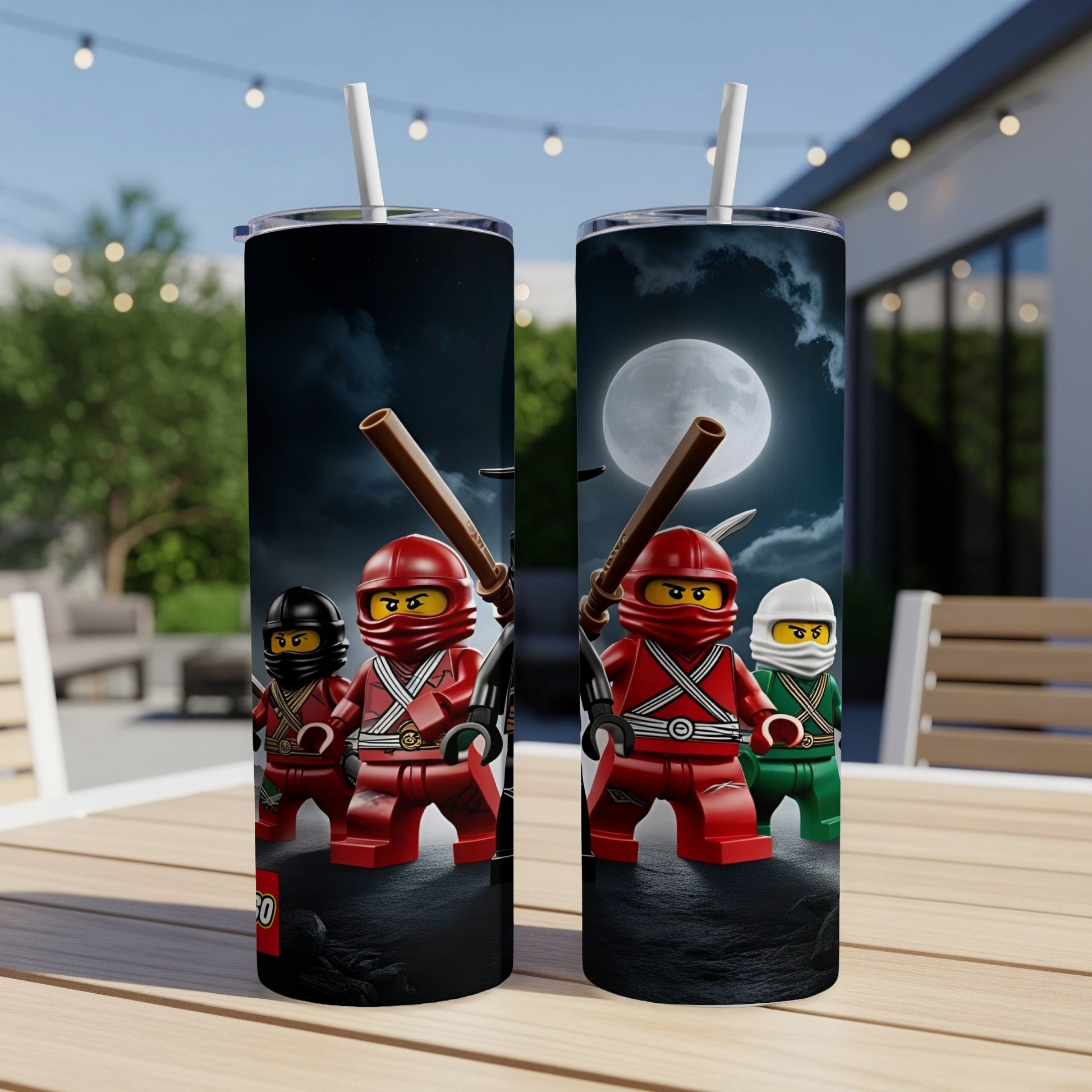 Ninjago characters with red masks and weapons stand on a dark surface under a moon.
