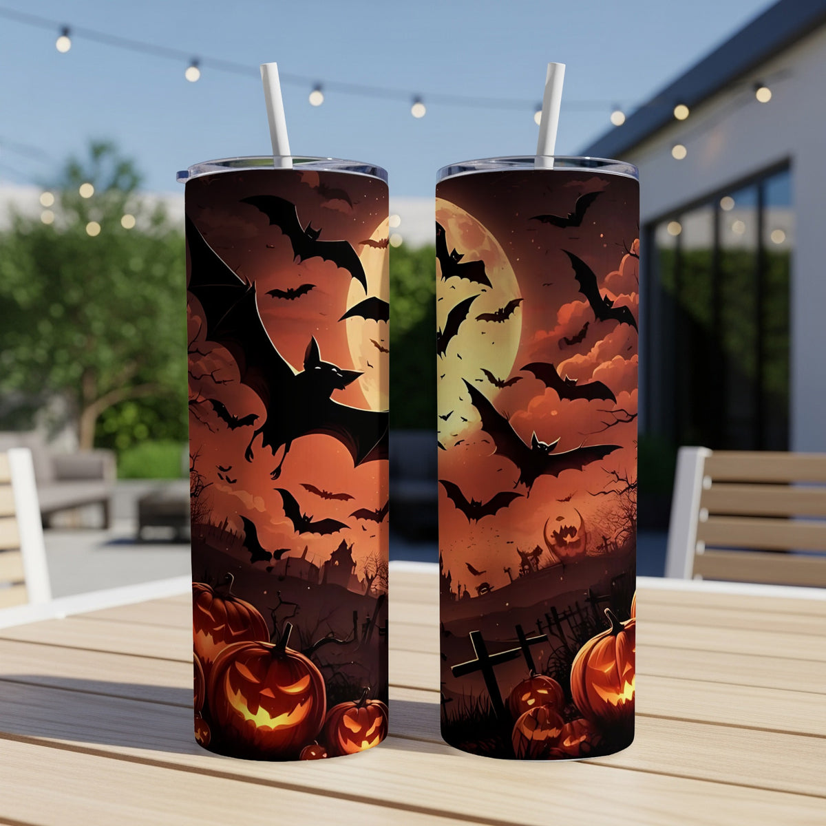 Halloween tumblers with bats, jack-o'-lanterns, and spooky landscape art.