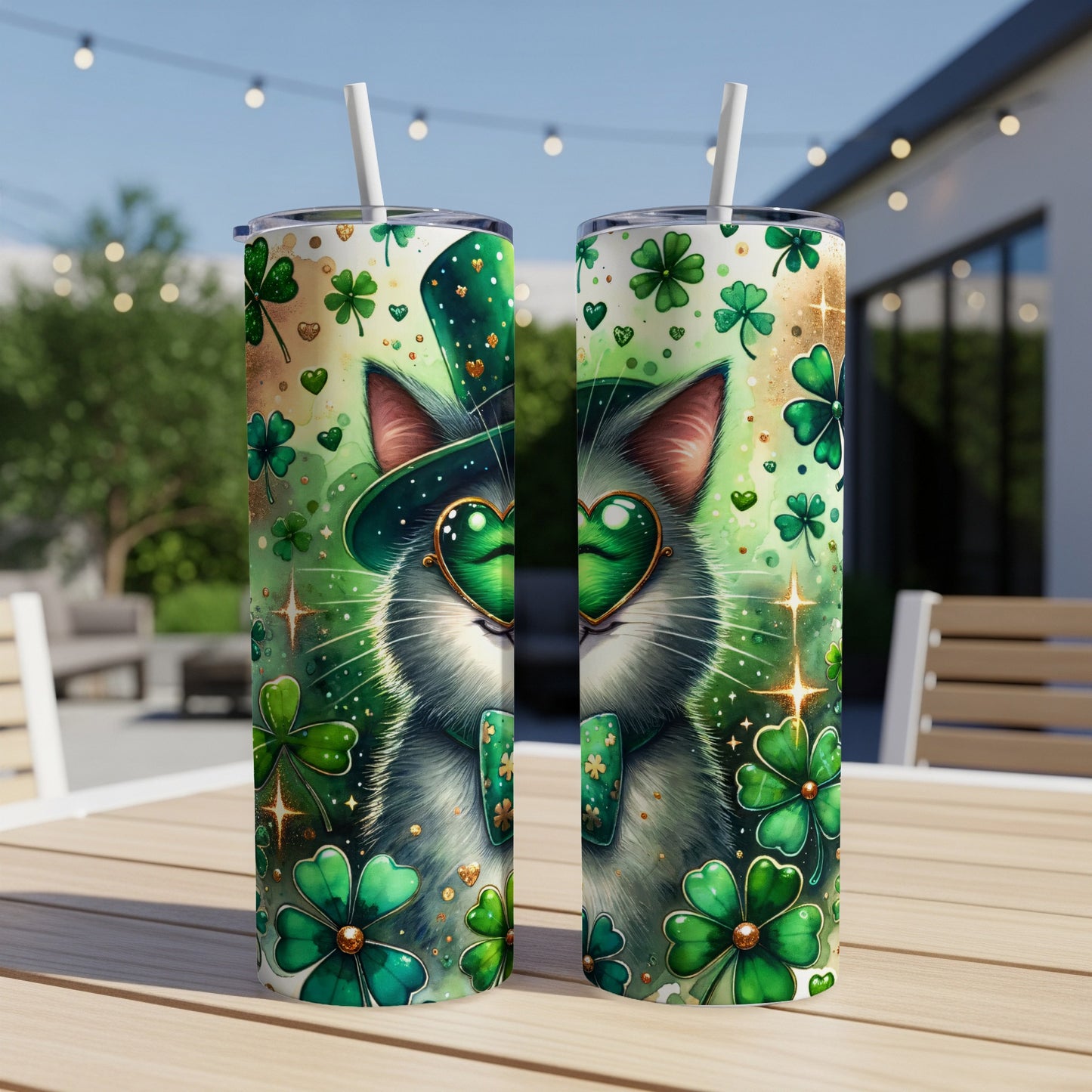 Saint Patrick's Day cat with clover heart sunglasses on green themed tumbler.