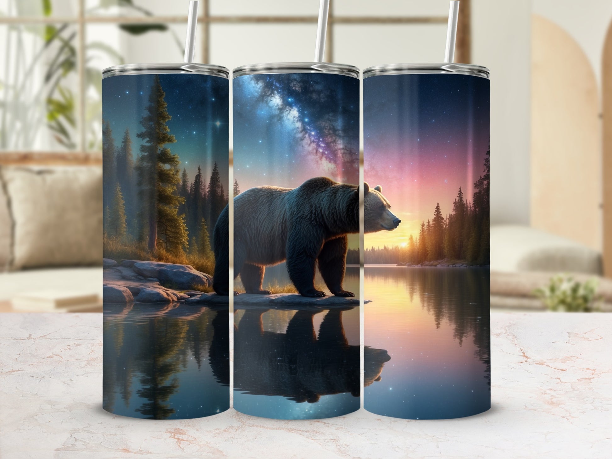 Bear walking by a lake with starry night sky and trees.