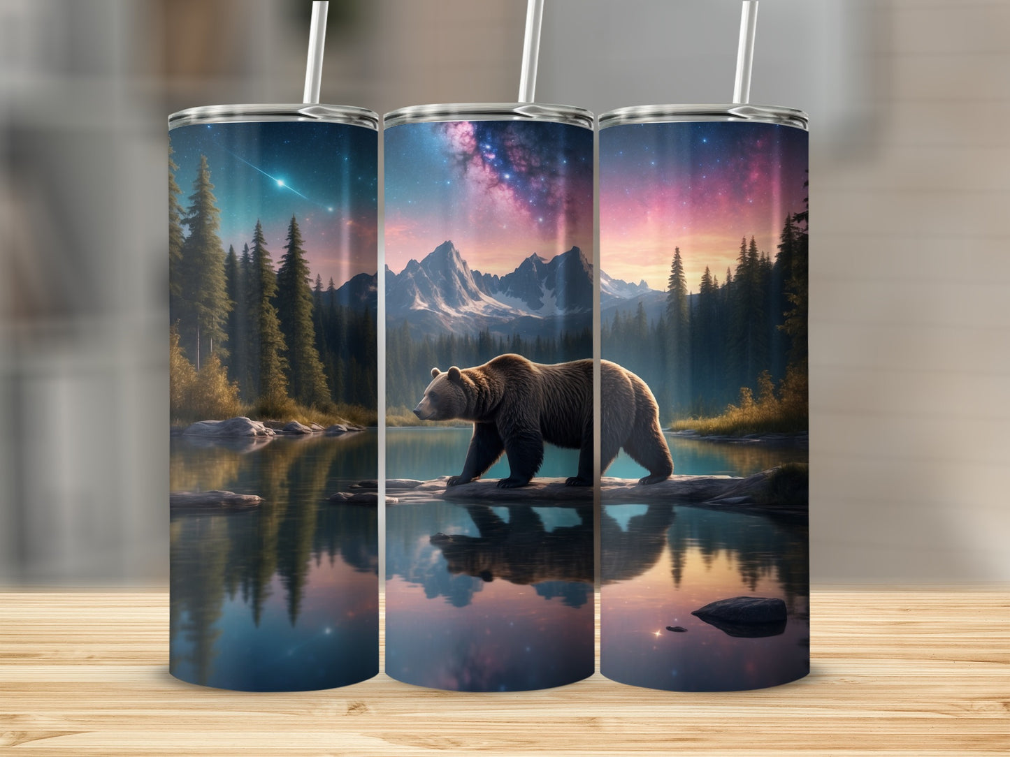 Bear walking on a log by a lake under a starry sky.