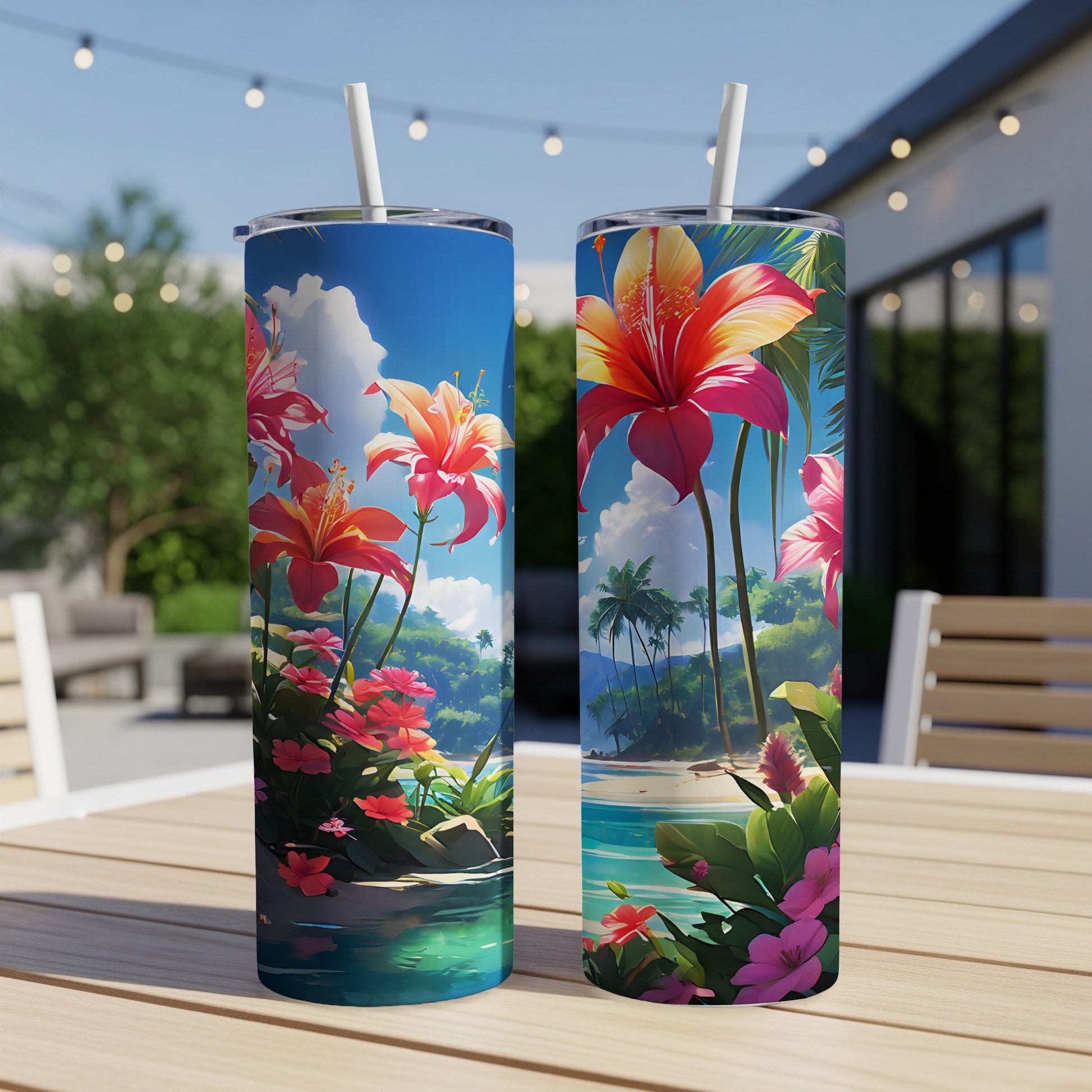 Two tropical floral pattern tumblers with straws on a wooden table.