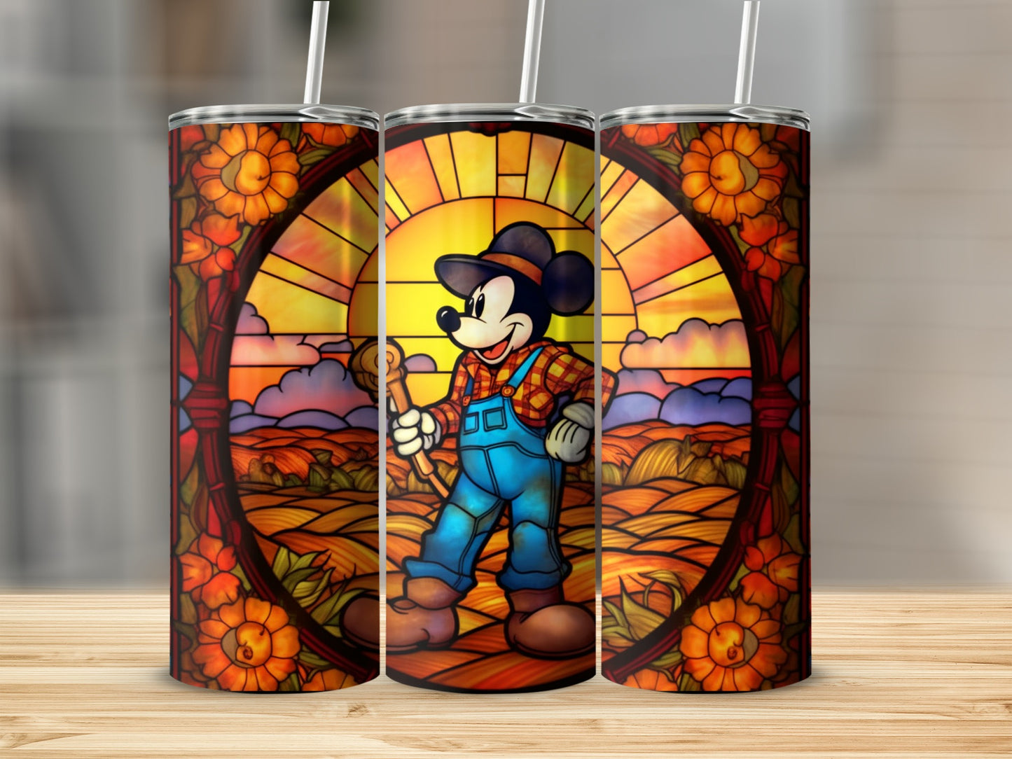 Colorful Stained Glass Farmer Mouse Tumbler Cup