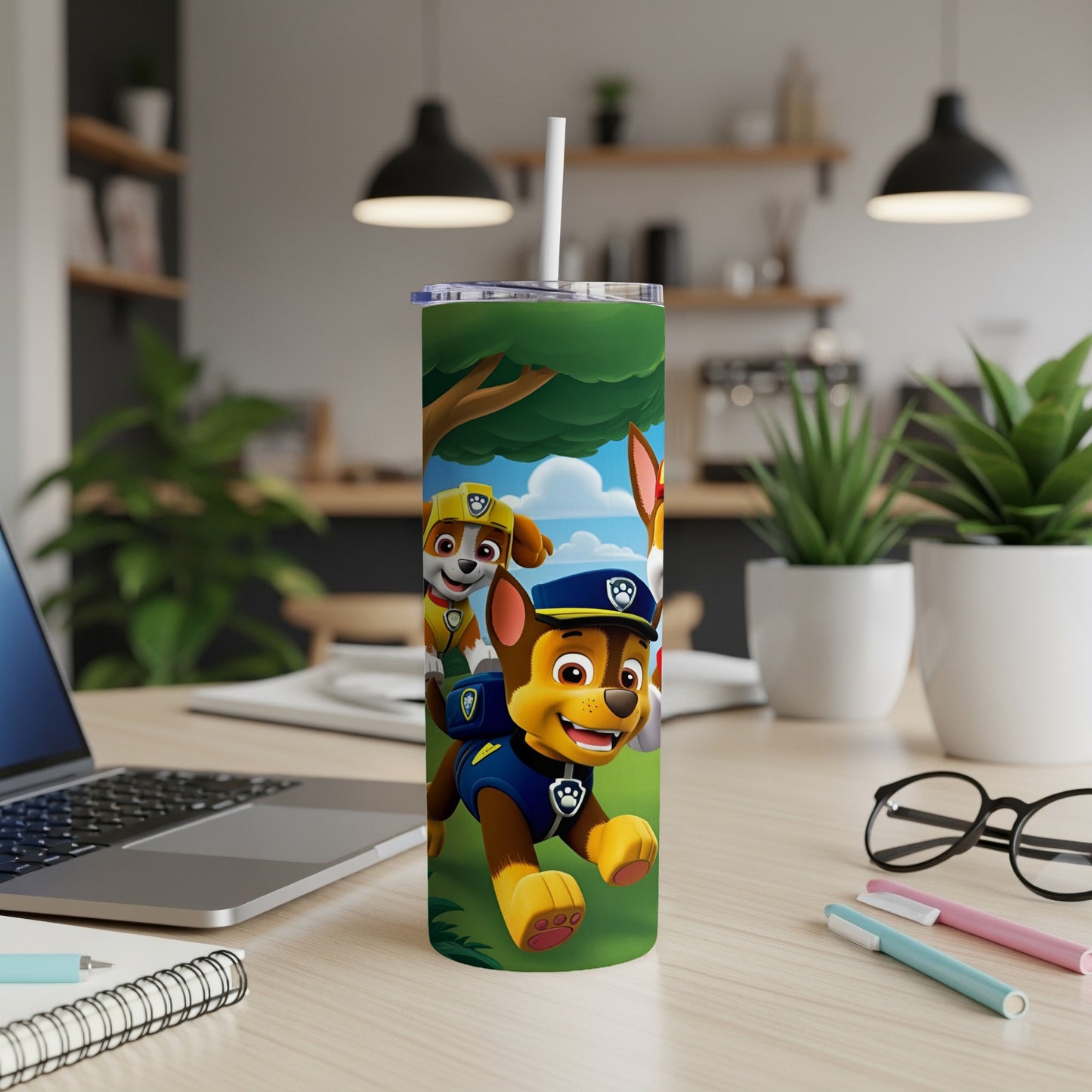 Paw Patrol's Chase wearing a police uniform, running on a green grassy background.