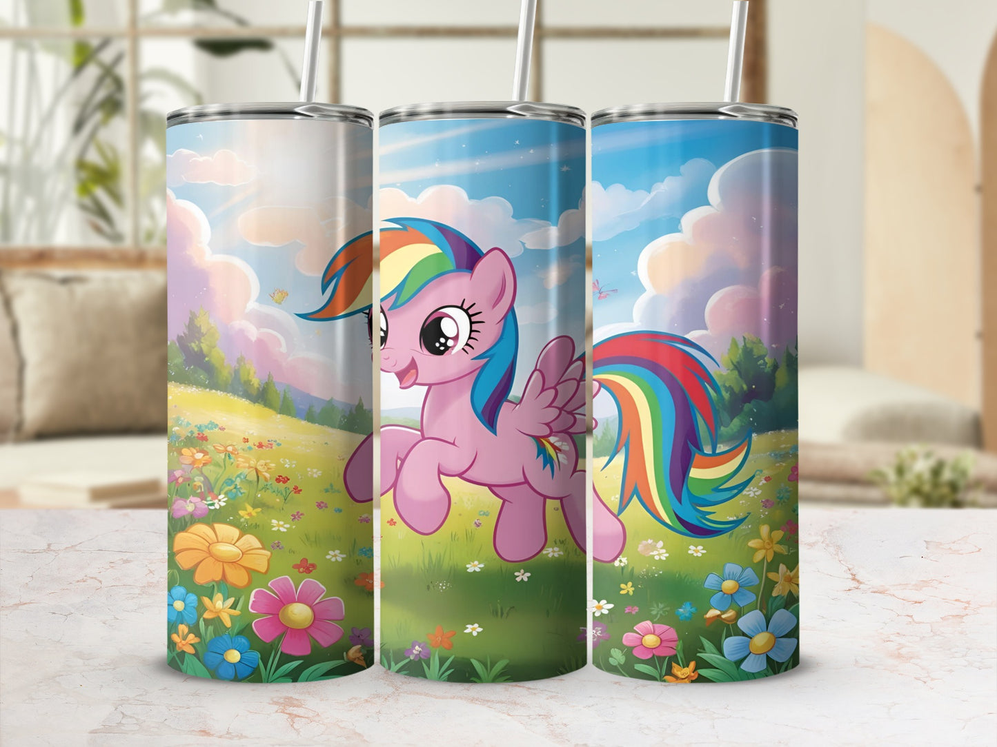 My Little Pony character galloping through a colorful meadow with clouds.