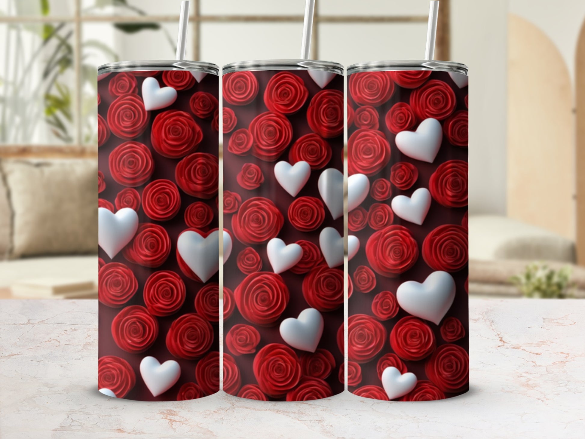 Three tumblers with red roses and white hearts pattern.