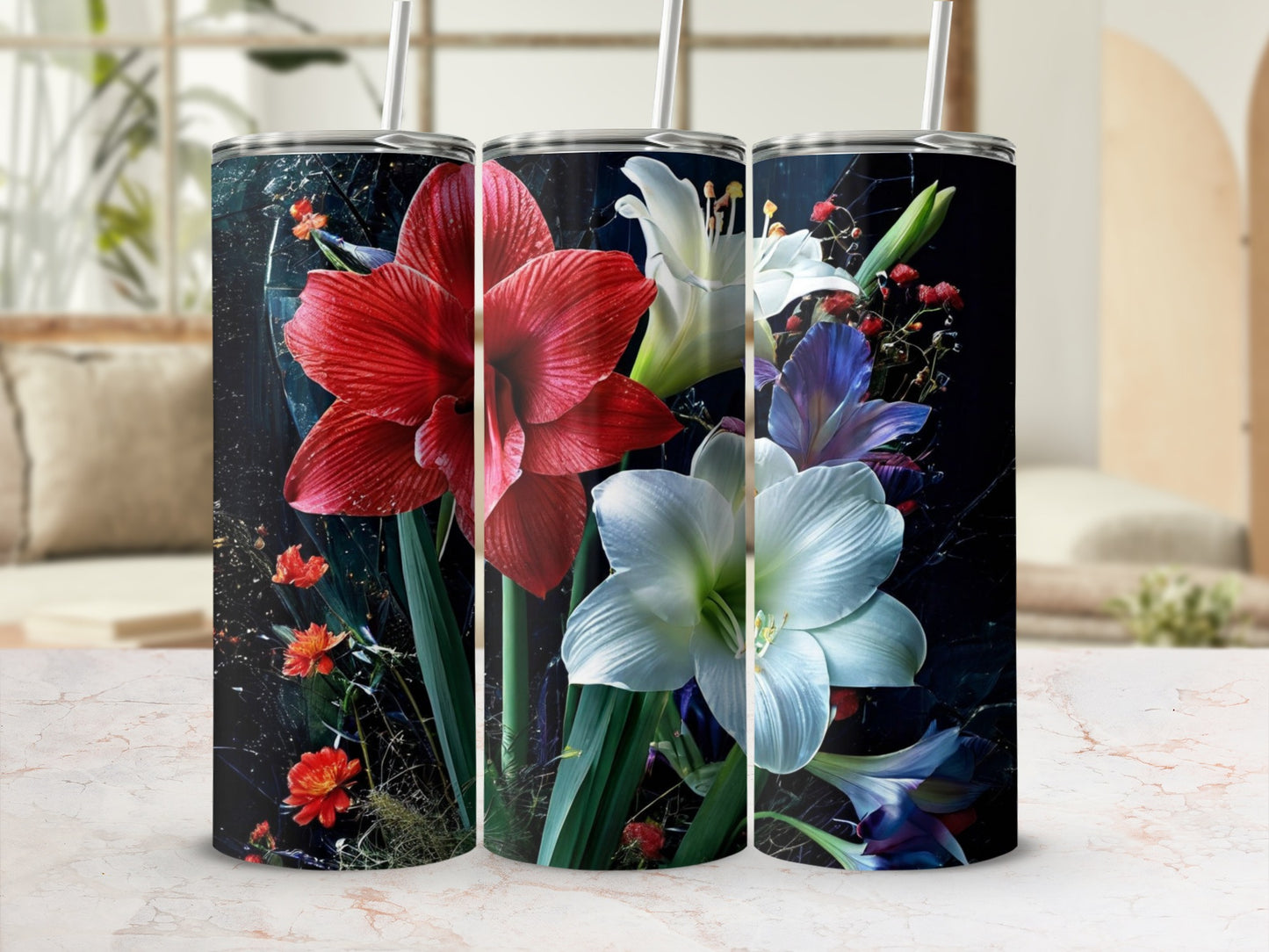 Red and white amaryllis flowers with greenery against dark background.