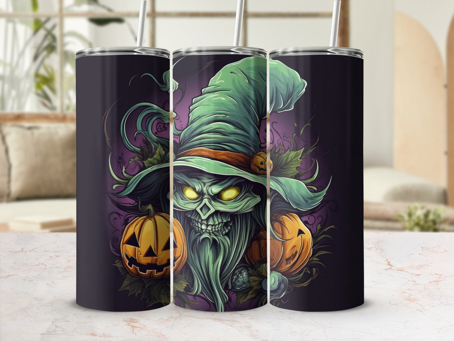 Three tumblers with a Halloween witch and pumpkins design