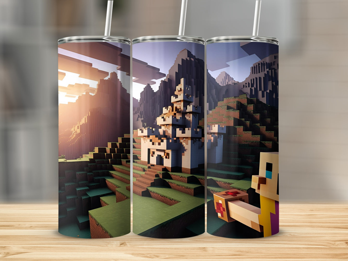 Minecraft castle scene on a tumbler with a sunset background.