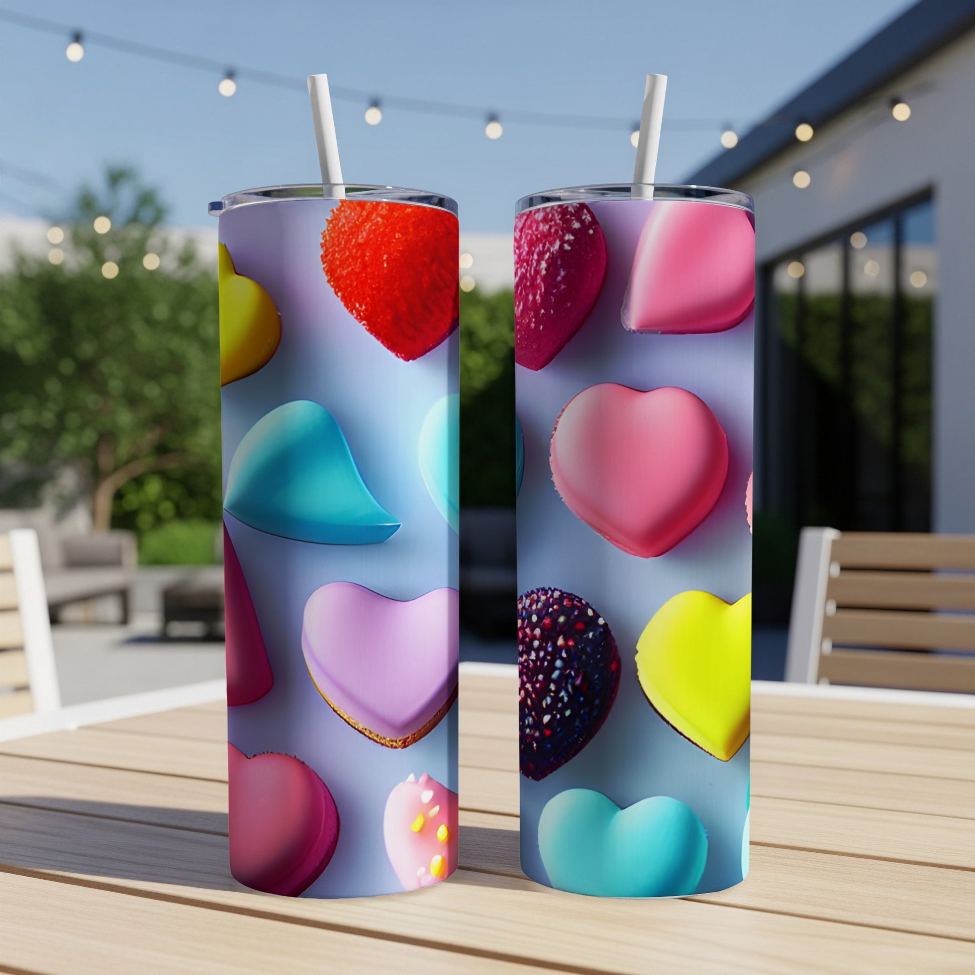 Two tall tumblers with a colorful heart pattern on a table.